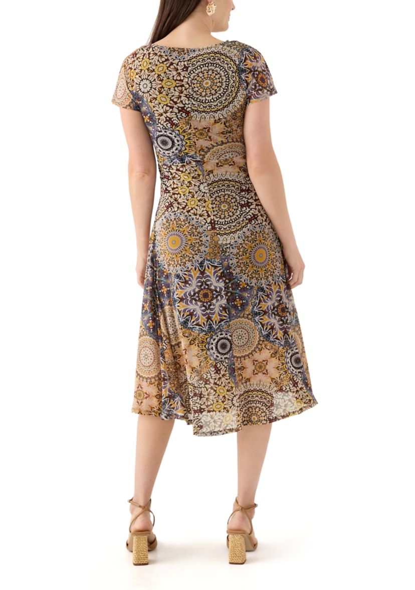 Womens Printed Mesh Midi Dress