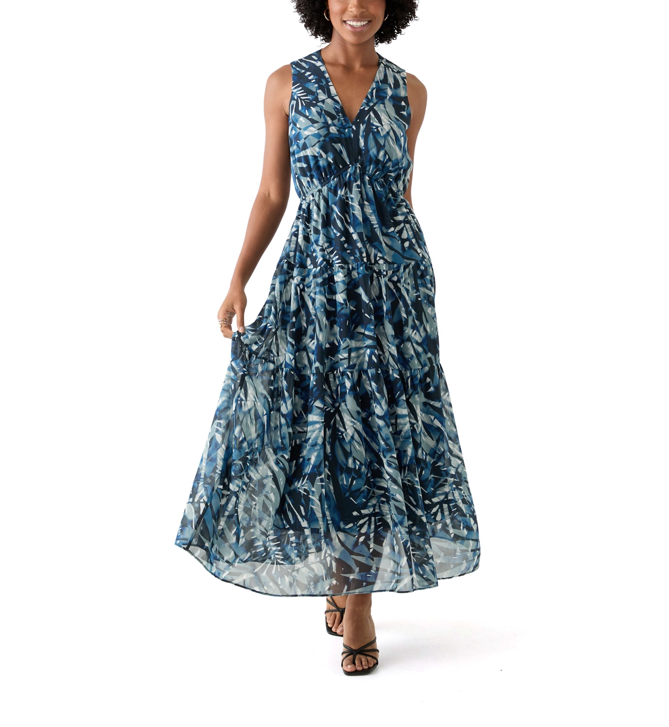 Womens Sleeveless V-Neck Leaf Print A-Line Dress