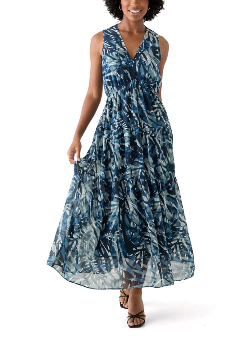 Womens Sleeveless V-Neck Leaf Print A-Line Dress