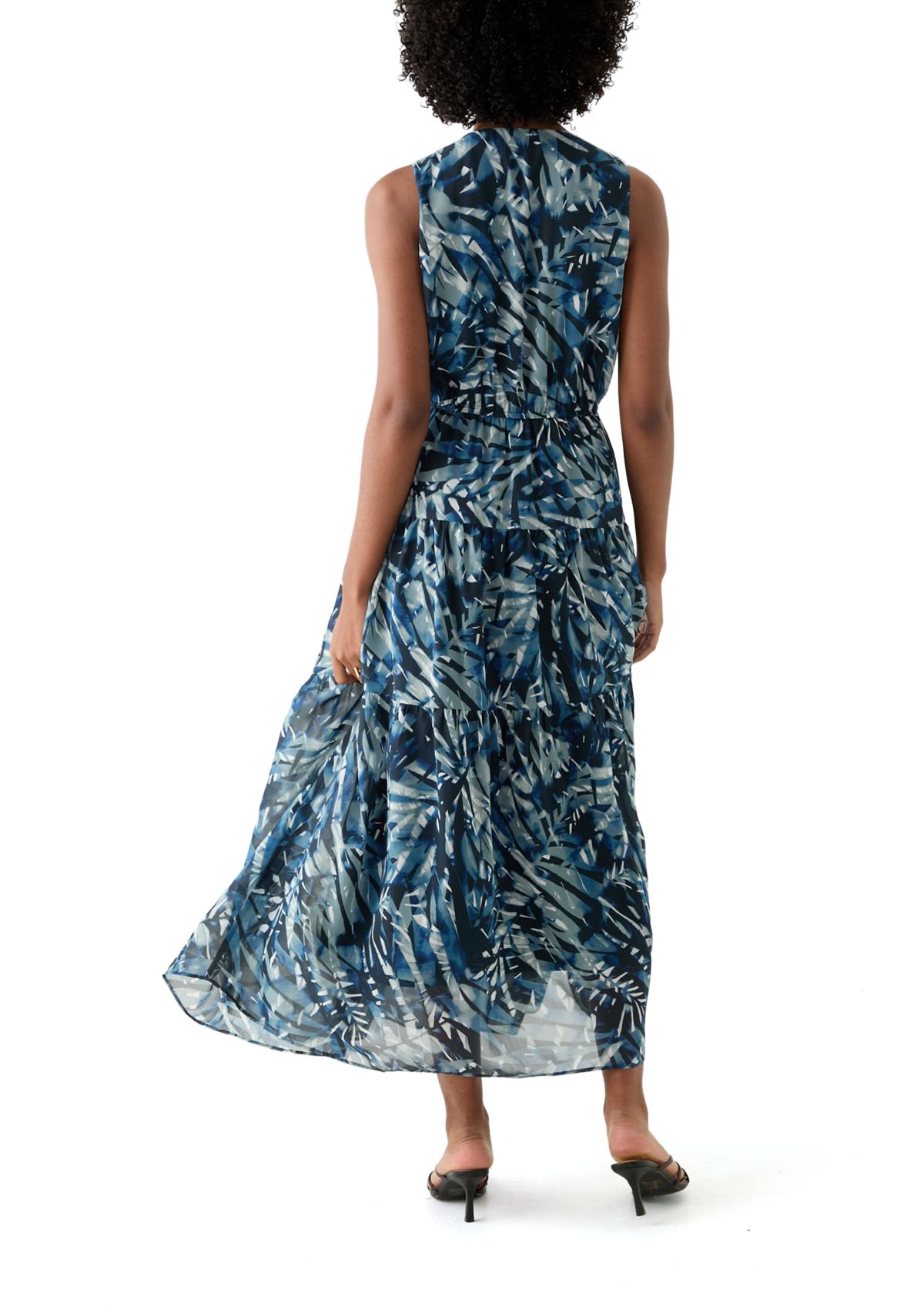Womens Sleeveless V-Neck Leaf Print A-Line Dress