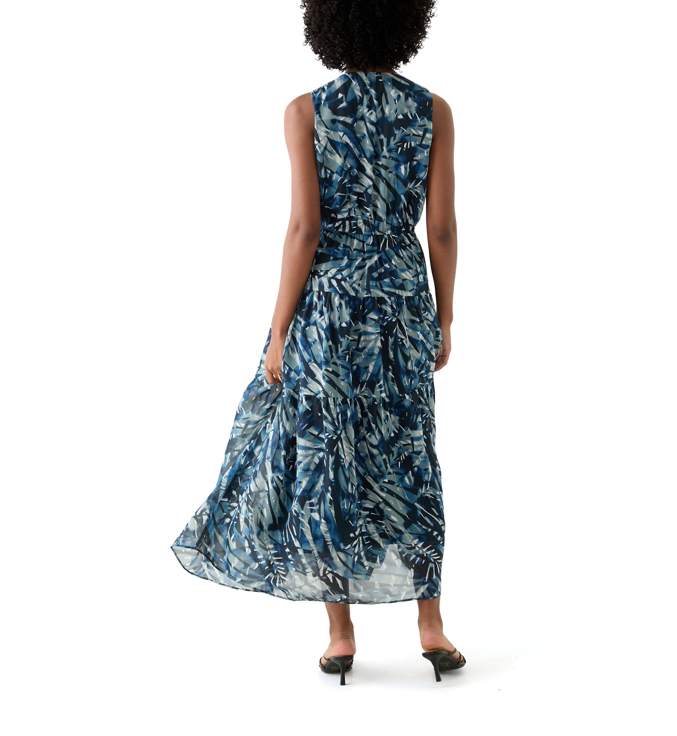Womens Sleeveless V-Neck Leaf Print A-Line Dress