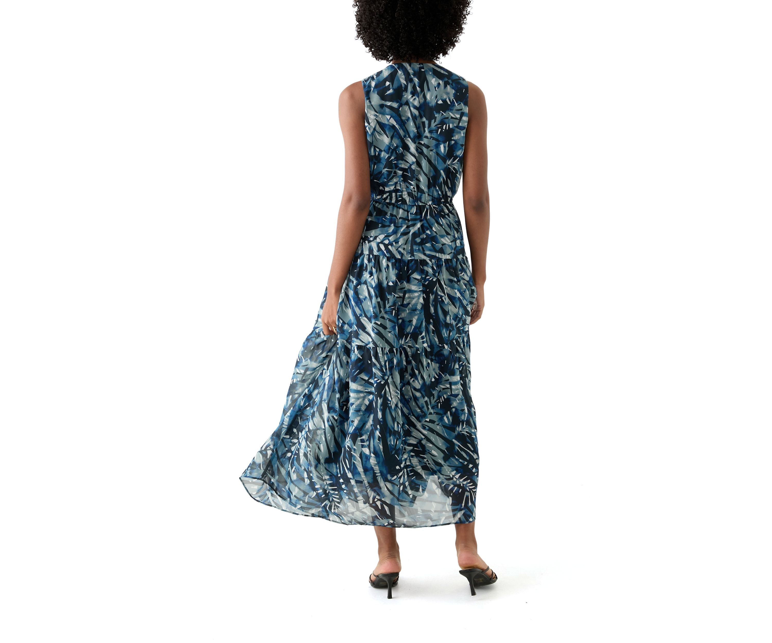Womens Sleeveless V-Neck Leaf Print A-Line Dress