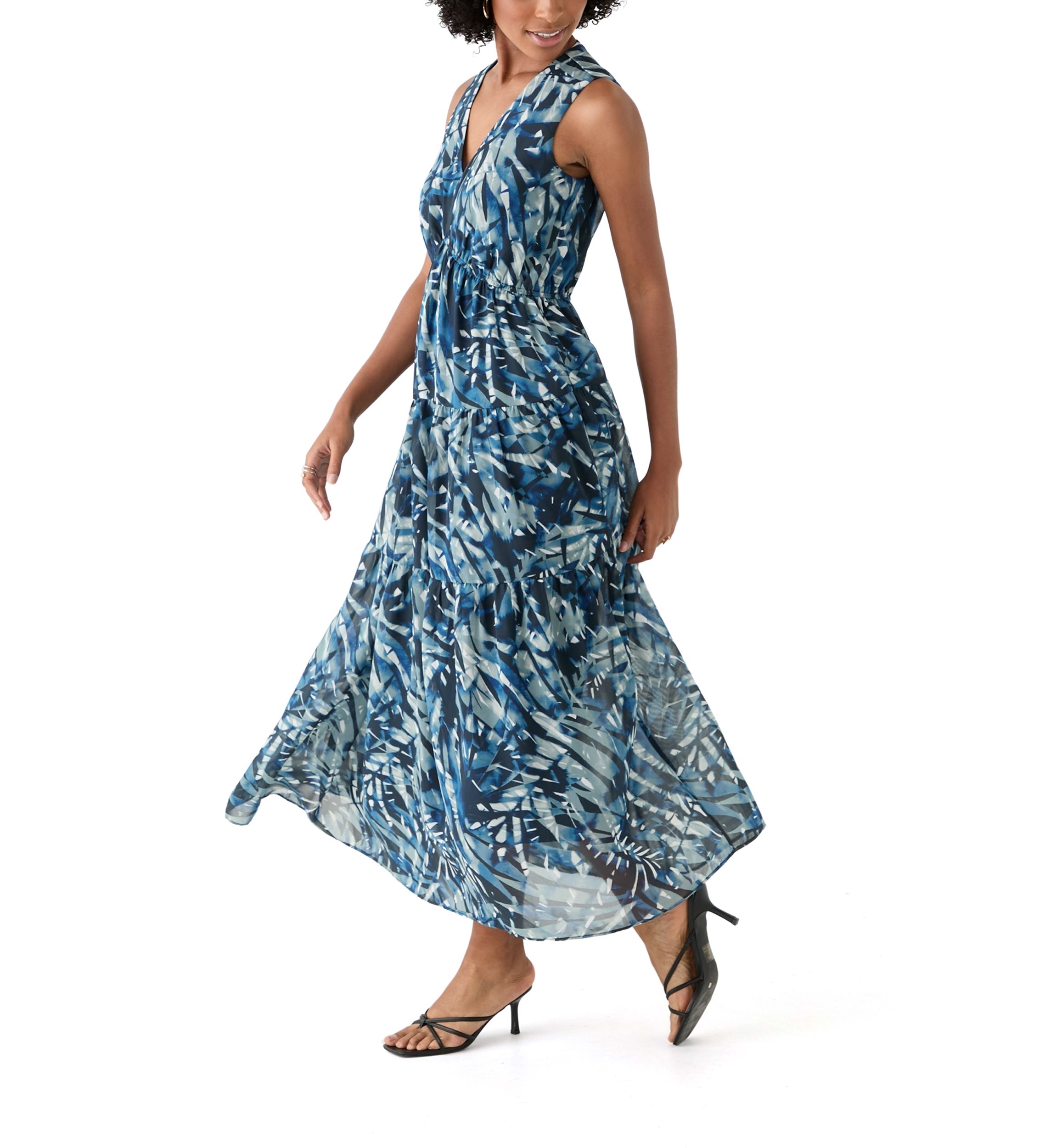 Womens Sleeveless V-Neck Leaf Print A-Line Dress