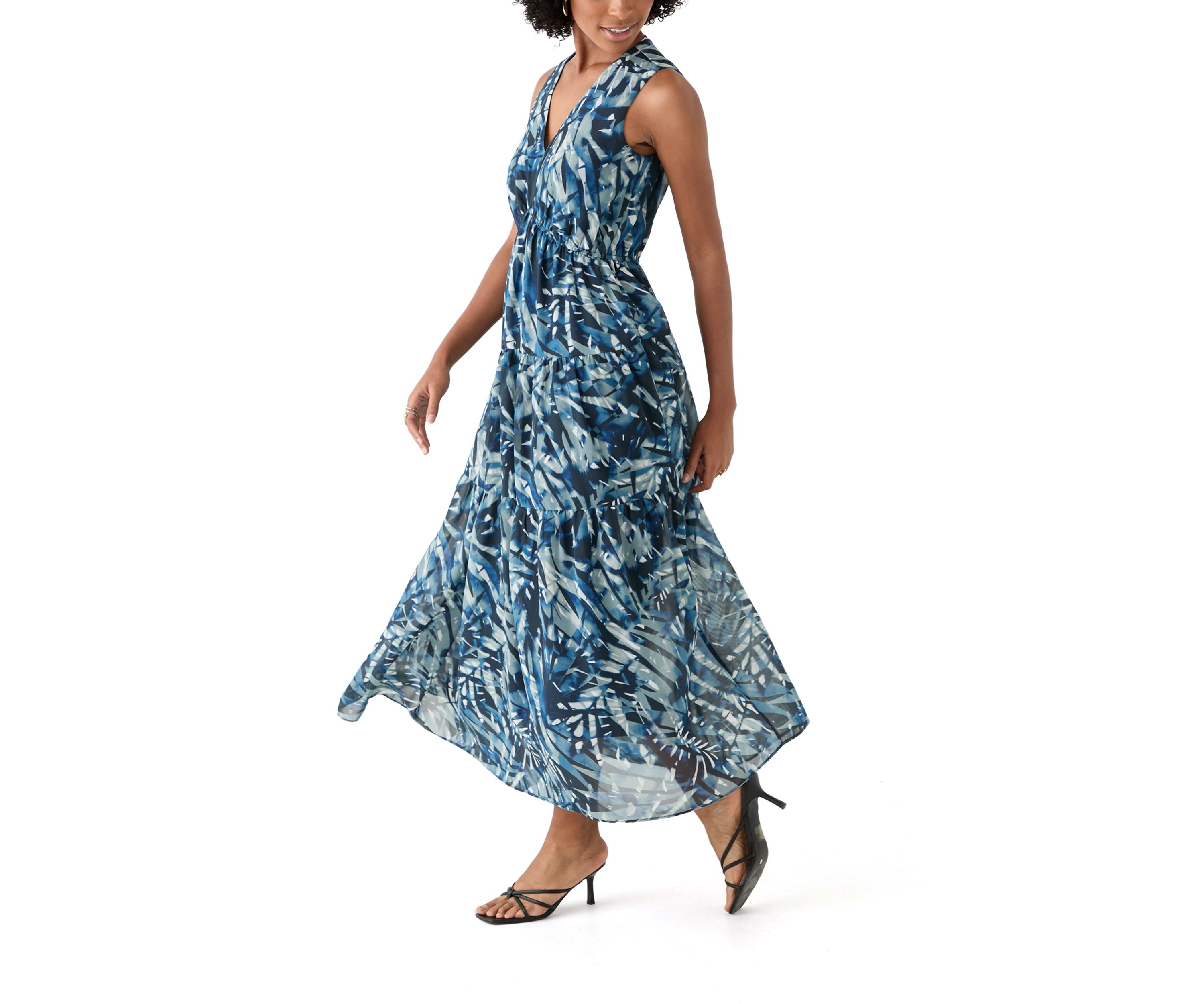Womens Sleeveless V-Neck Leaf Print A-Line Dress
