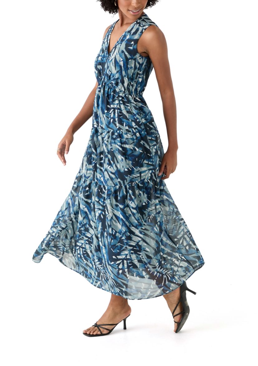 Womens Sleeveless V-Neck Leaf Print A-Line Dress