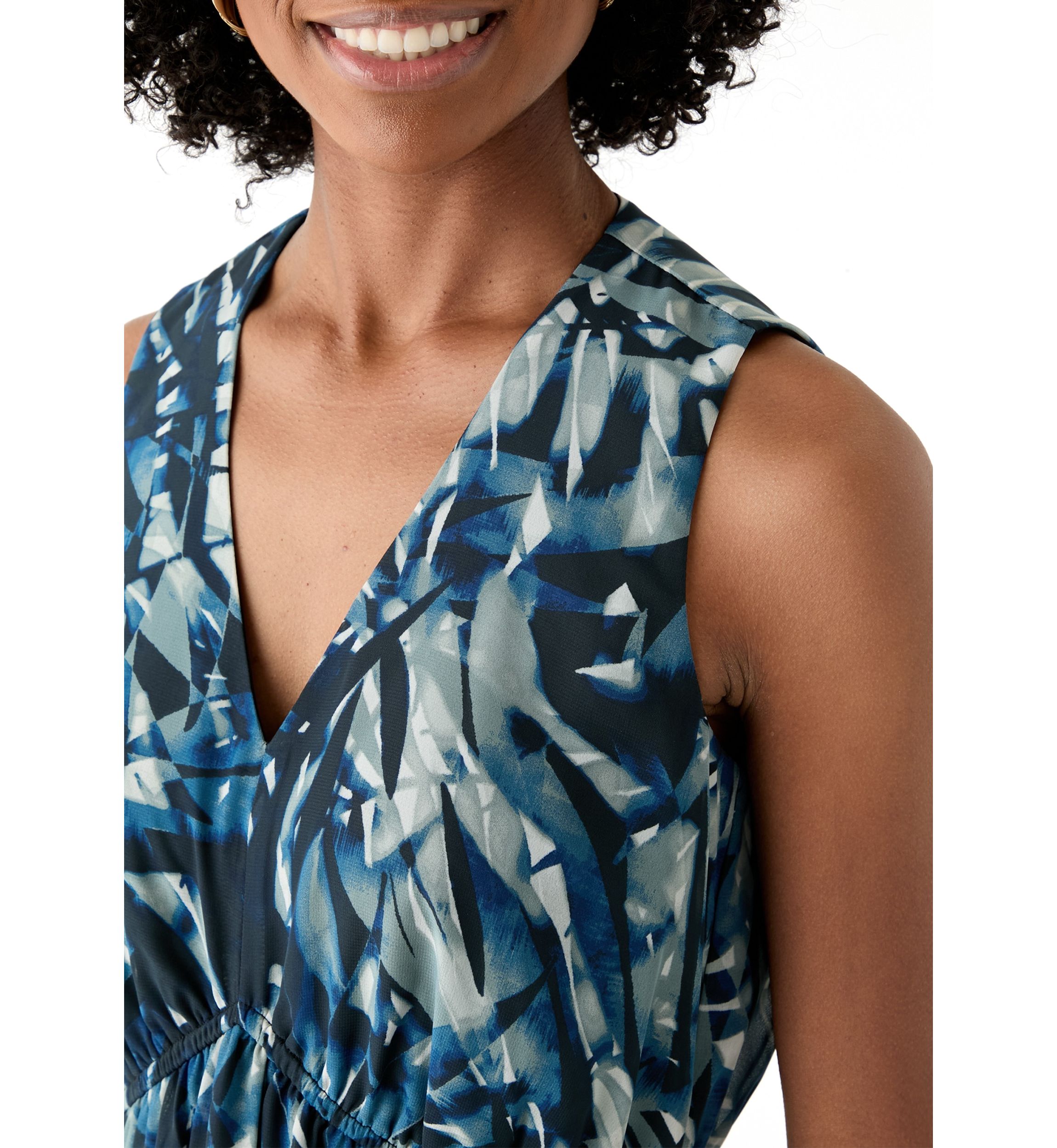 Womens Sleeveless V-Neck Leaf Print A-Line Dress