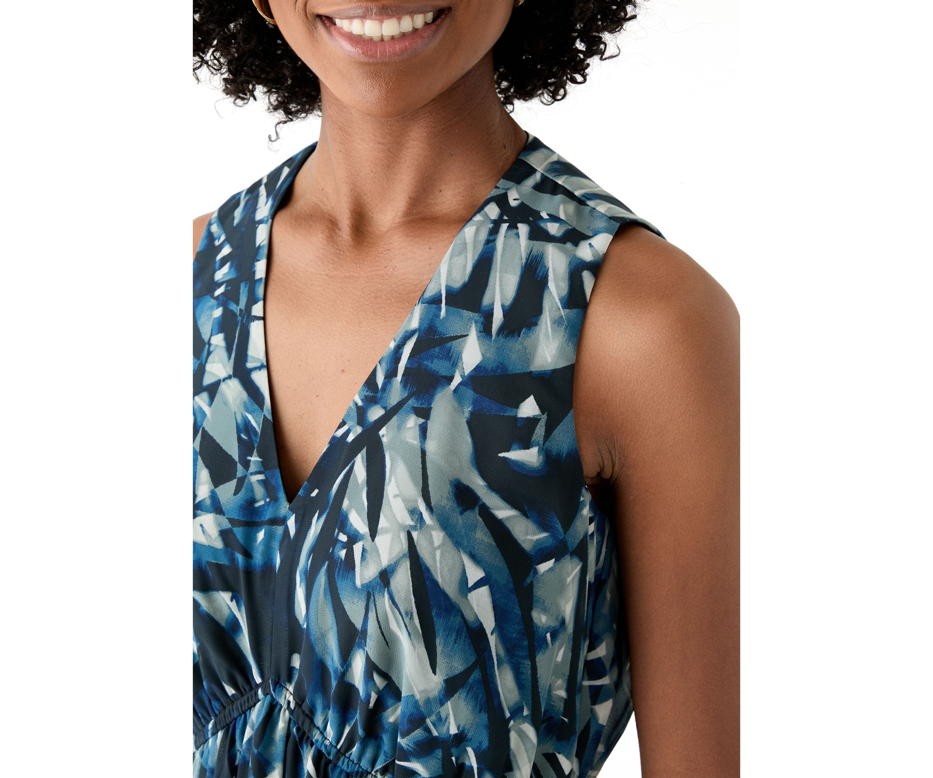 Womens Sleeveless V-Neck Leaf Print A-Line Dress