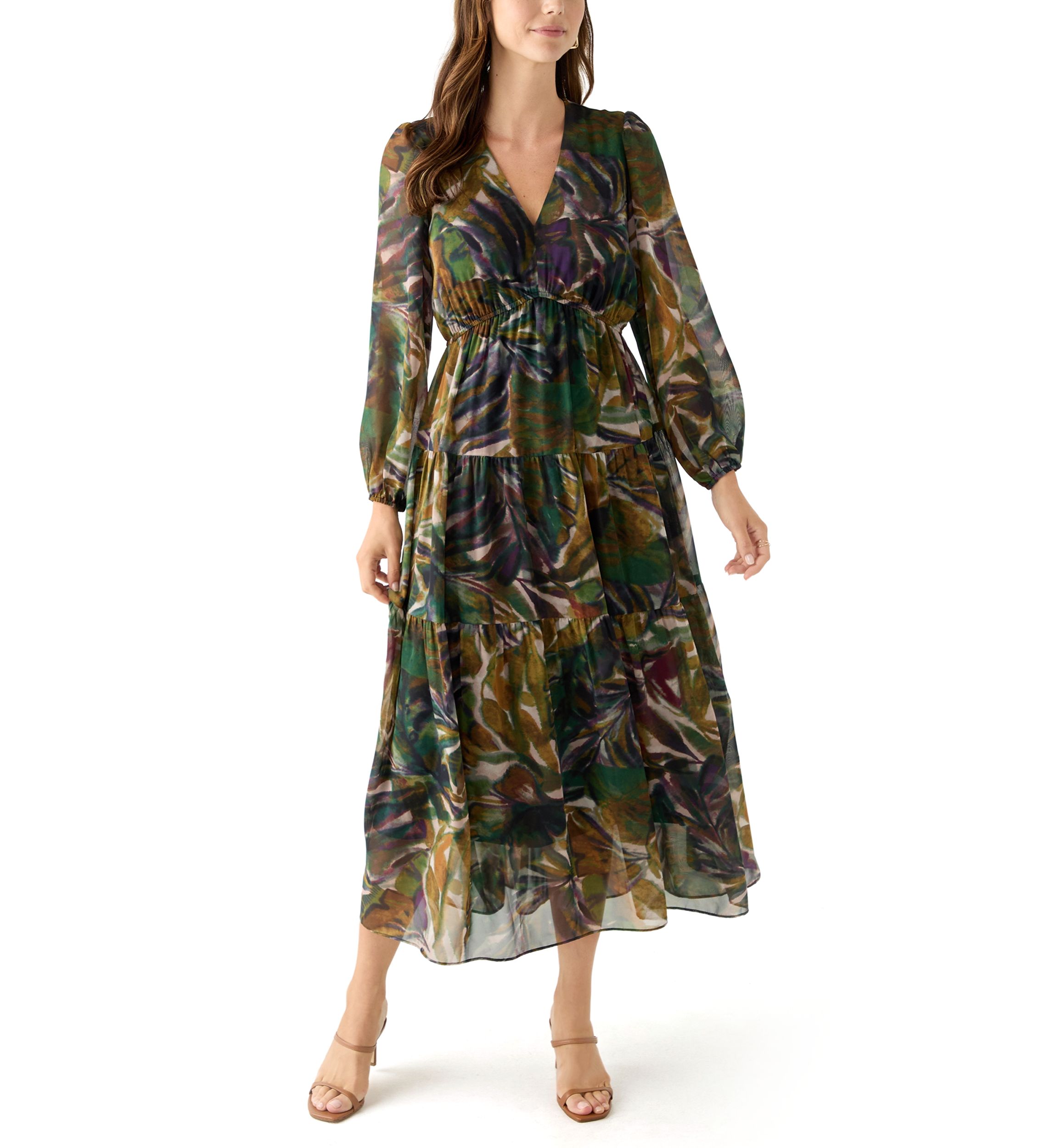 Womens Long Sleeve Floral Print Chiffon Dress