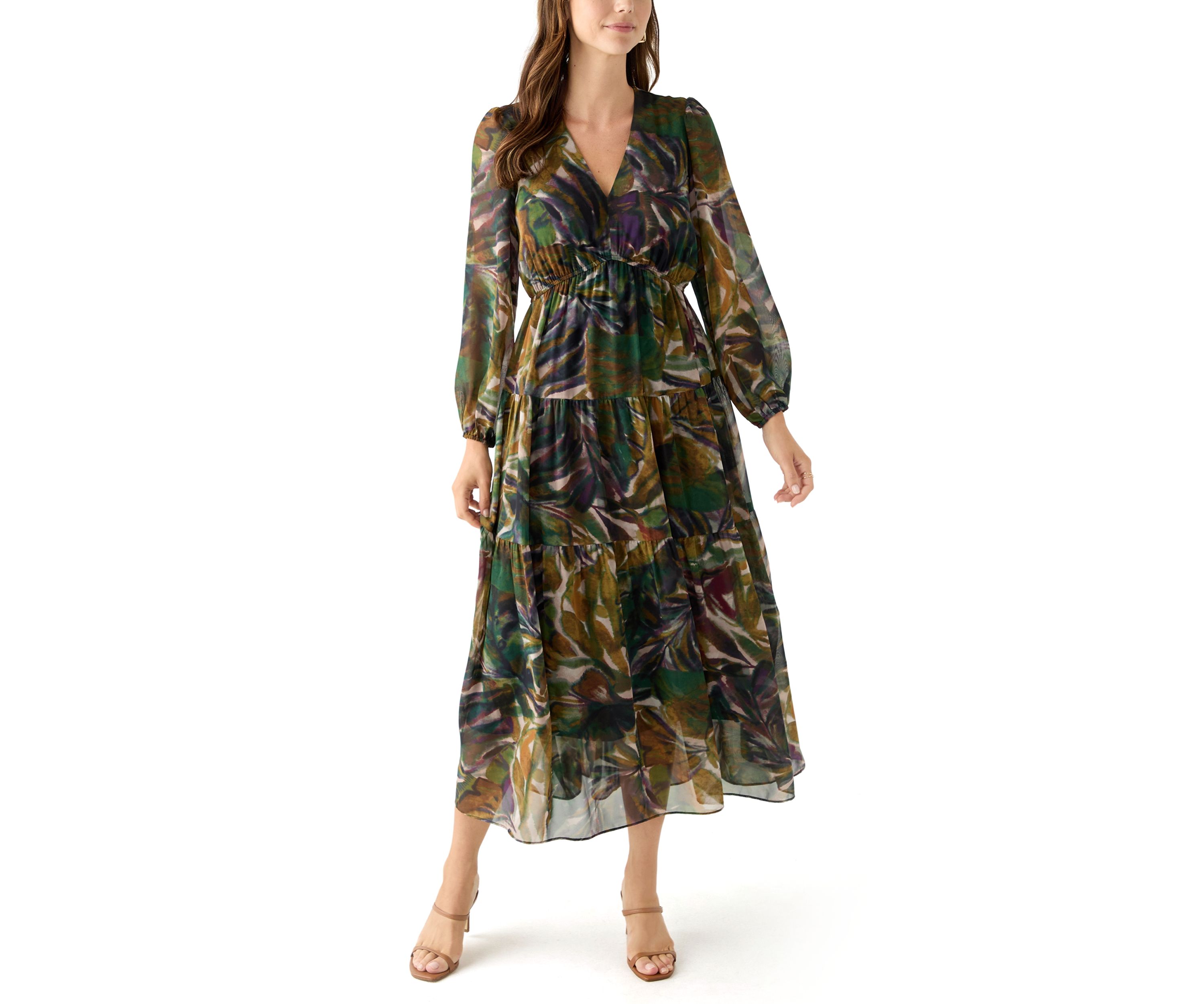 Womens Long Sleeve Floral Print Chiffon Dress