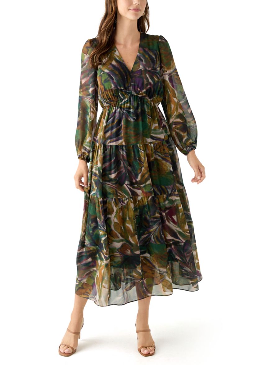 Womens Long Sleeve Floral Print Chiffon Dress