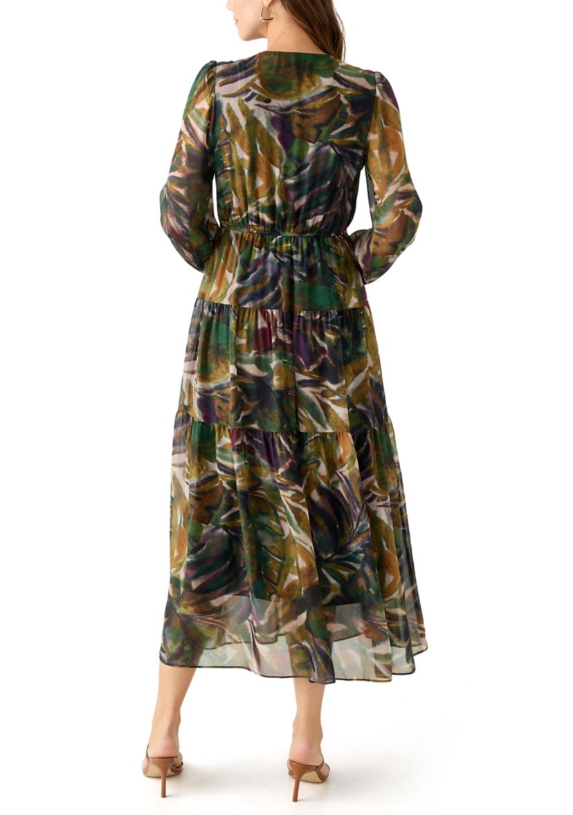 Womens Long Sleeve Floral Print Chiffon Dress