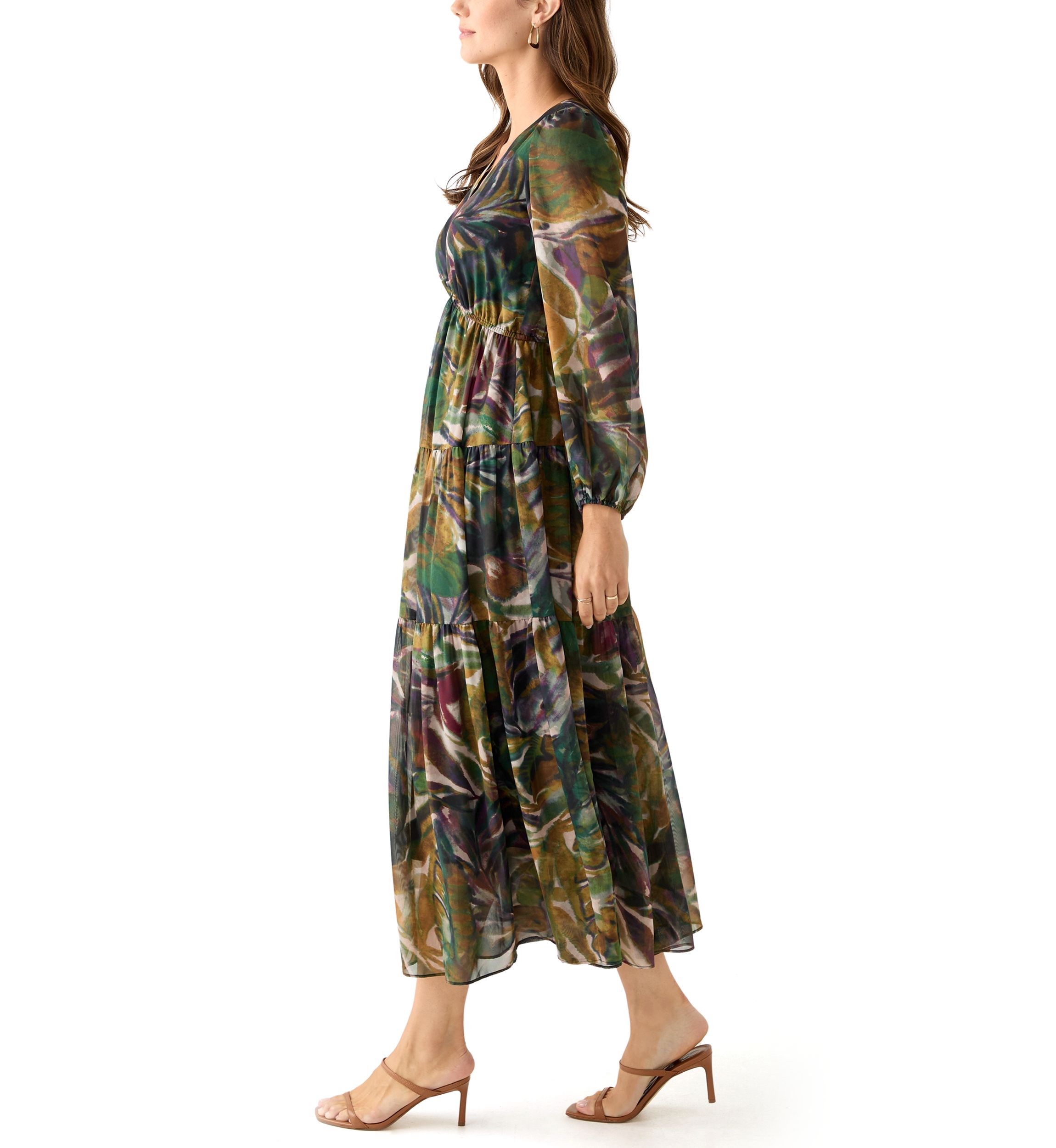 Womens Long Sleeve Floral Print Chiffon Dress