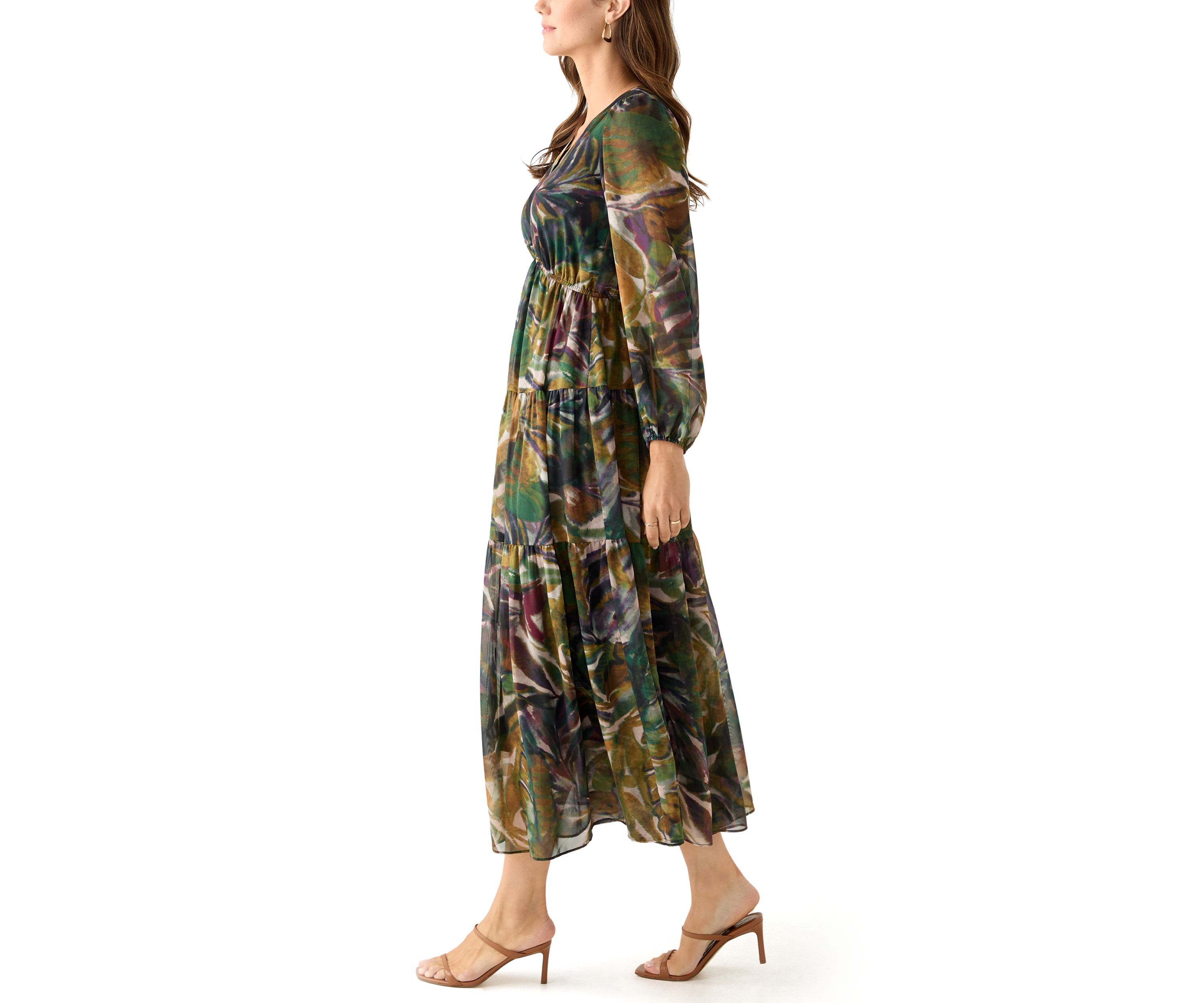 Womens Long Sleeve Floral Print Chiffon Dress