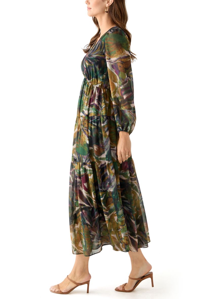 Womens Long Sleeve Floral Print Chiffon Dress