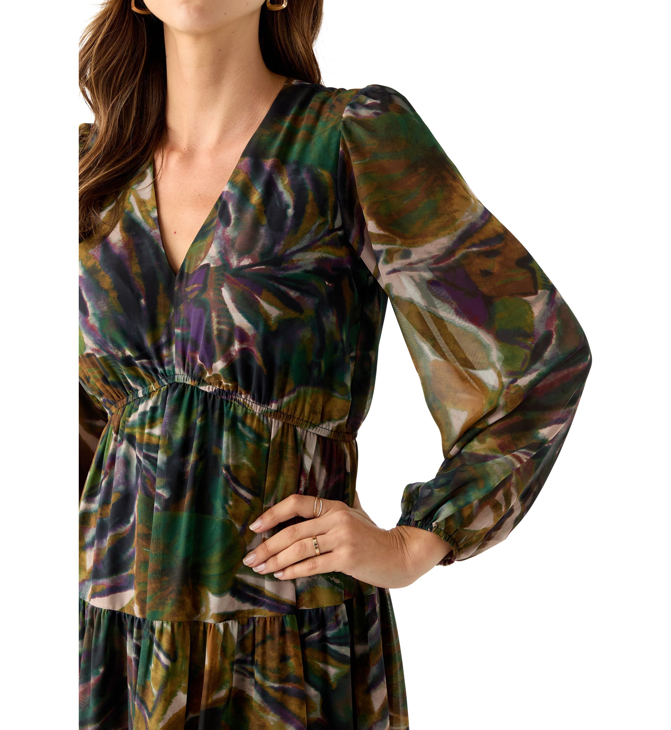 Womens Long Sleeve Floral Print Chiffon Dress