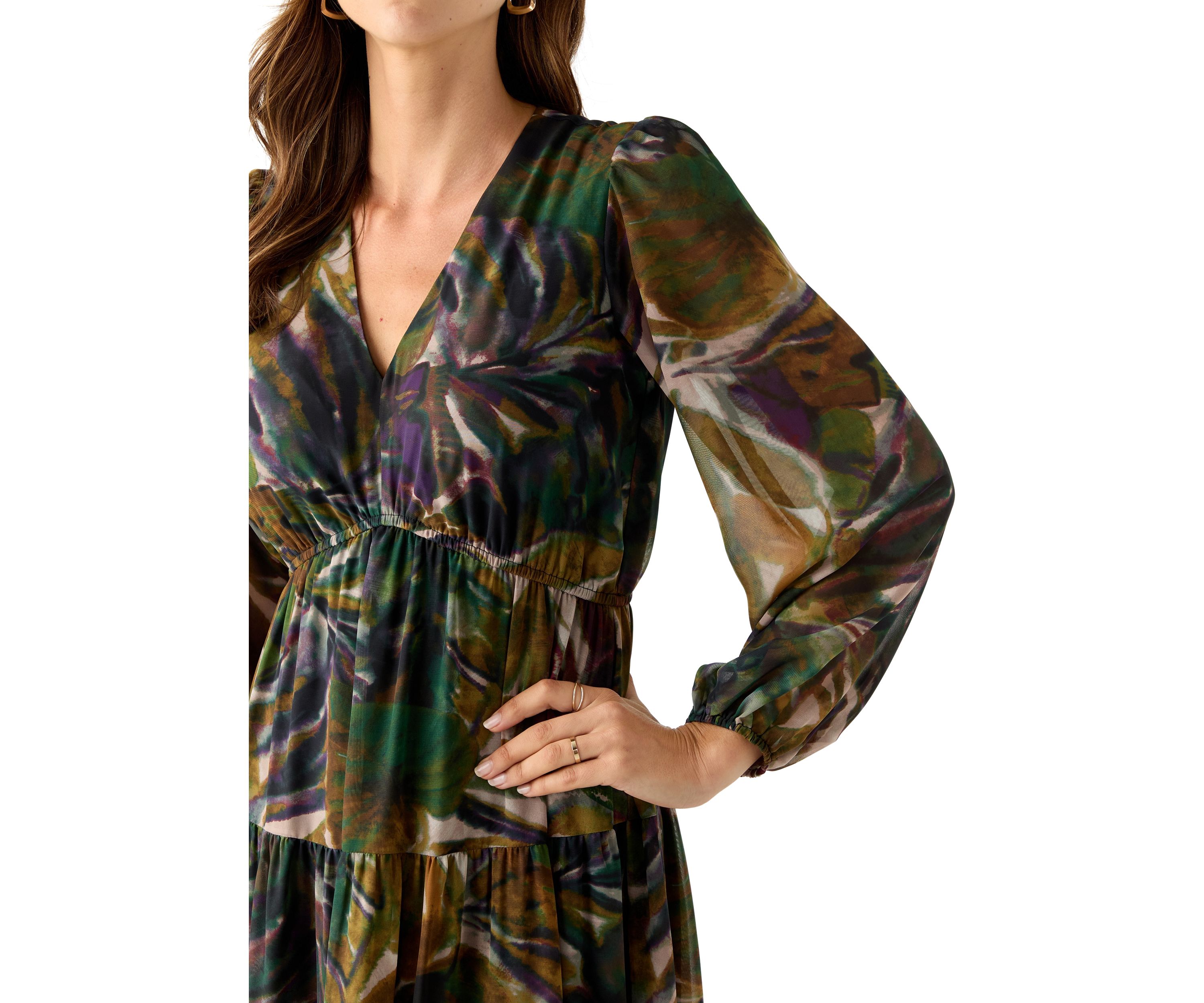 Womens Long Sleeve Floral Print Chiffon Dress