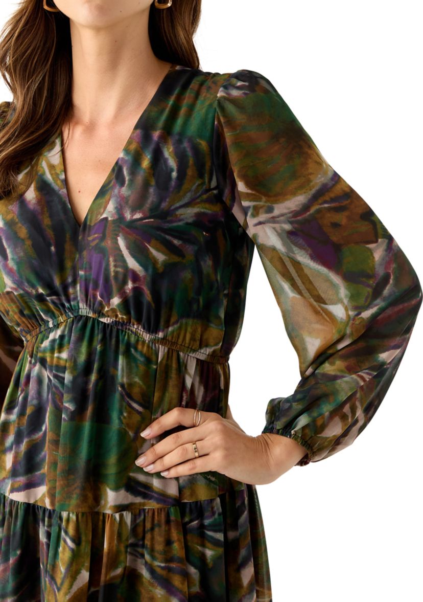 Womens Long Sleeve Floral Print Chiffon Dress