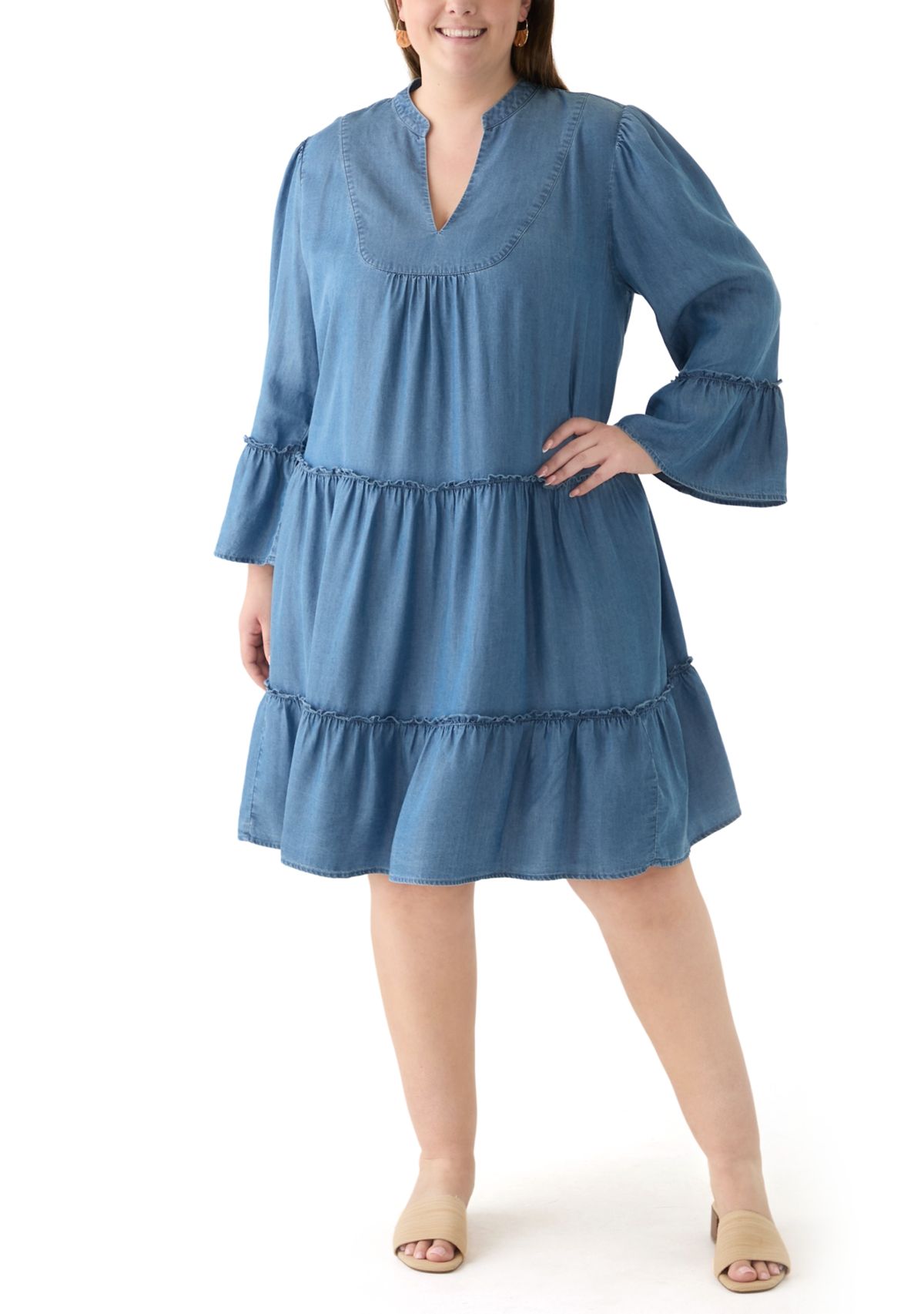 Plus Size 3/4 Sleeve Split Neck Tiered Ruffle Dress