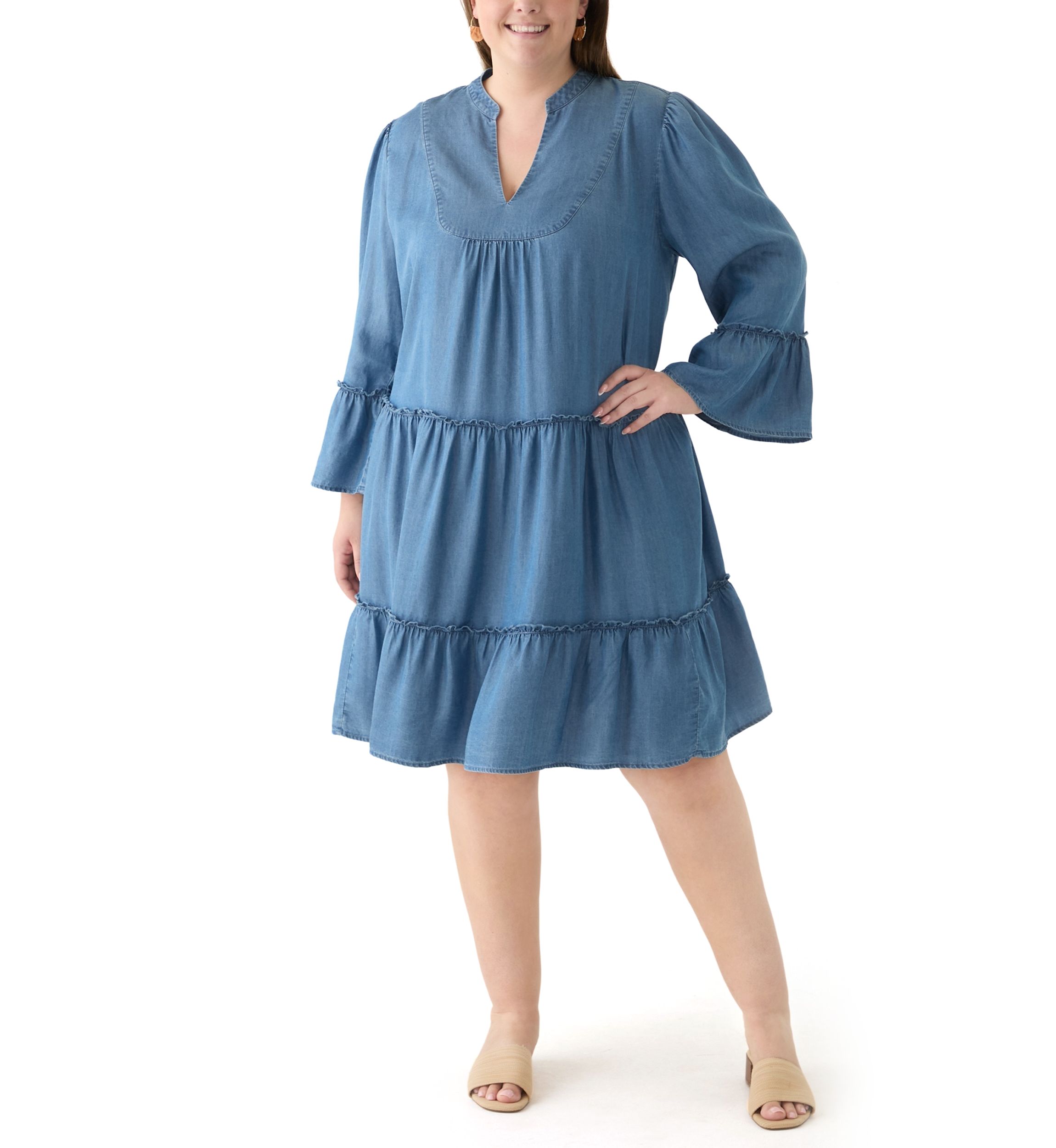 Plus Size 3/4 Sleeve Split Neck Tiered Ruffle Dress