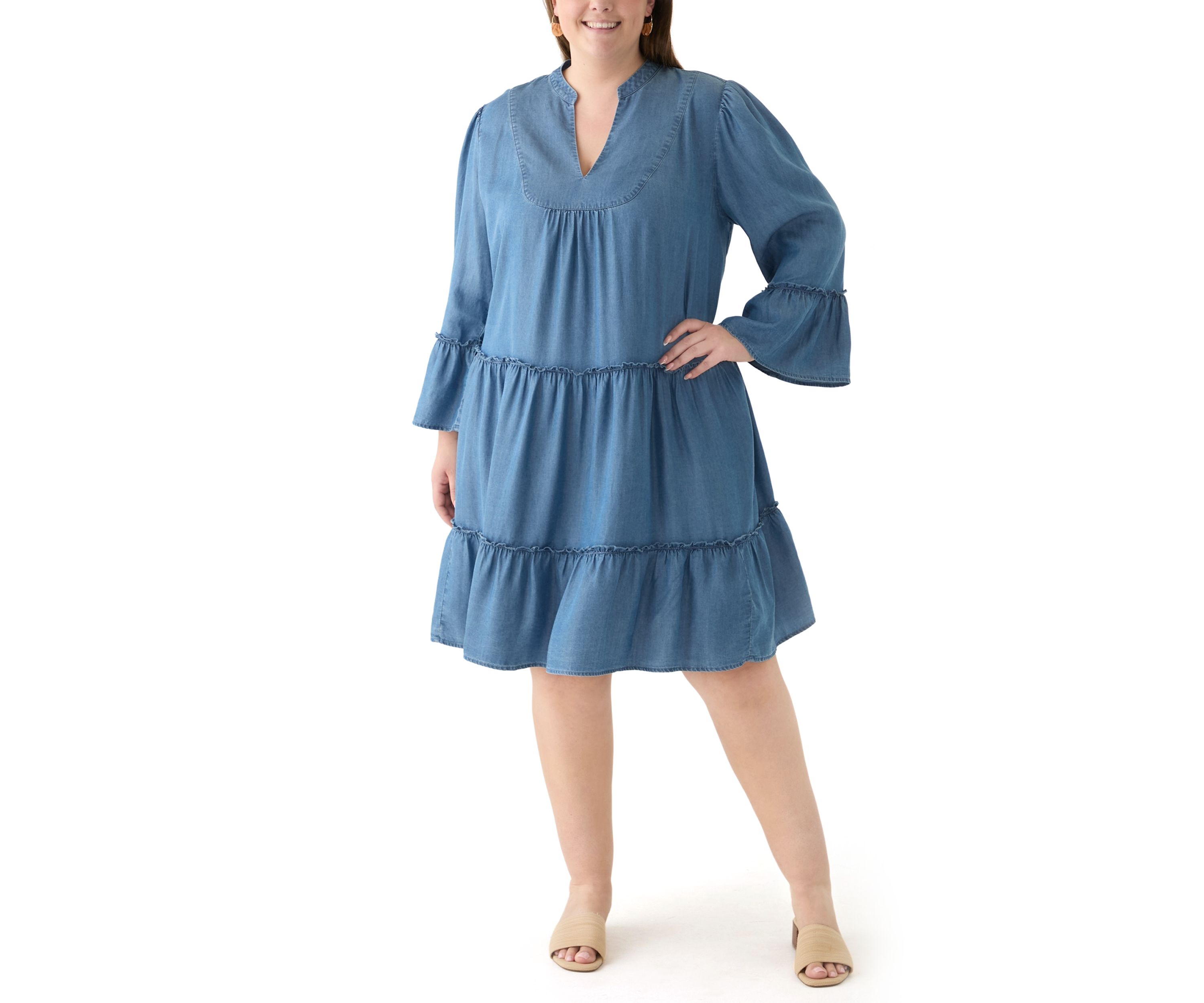 Plus Size 3/4 Sleeve Split Neck Tiered Ruffle Dress