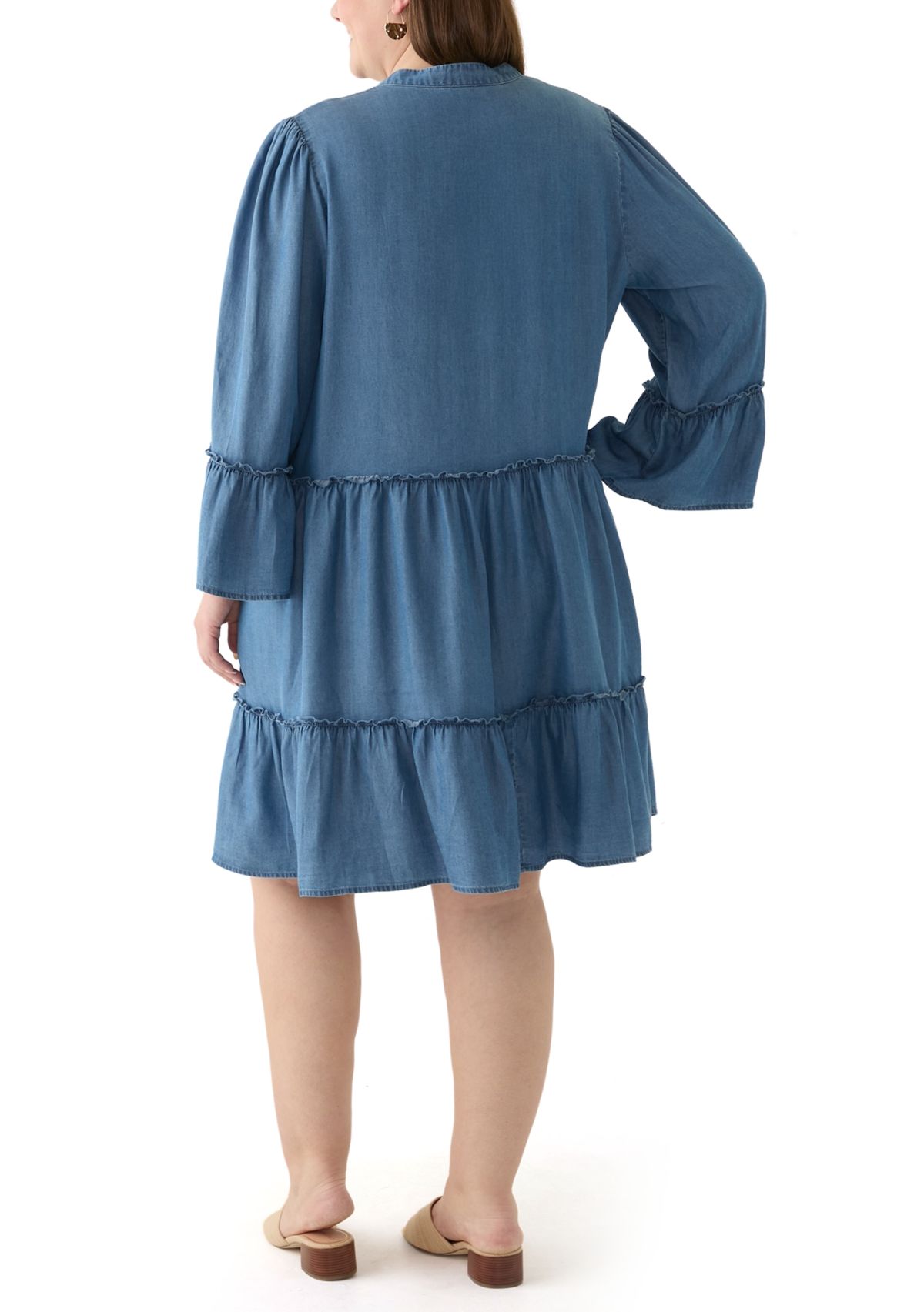 Plus Size 3/4 Sleeve Split Neck Tiered Ruffle Dress