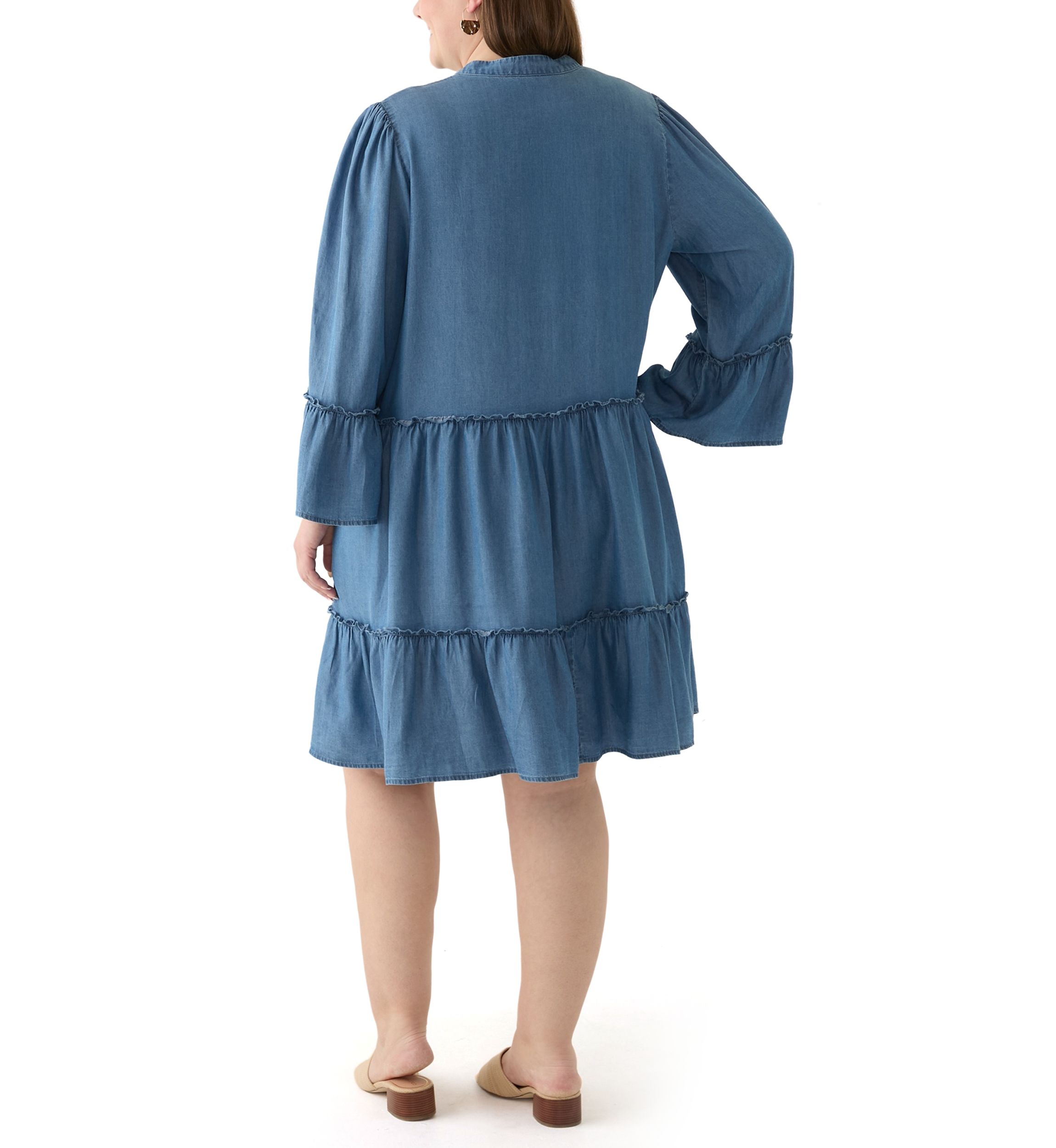 Plus Size 3/4 Sleeve Split Neck Tiered Ruffle Dress