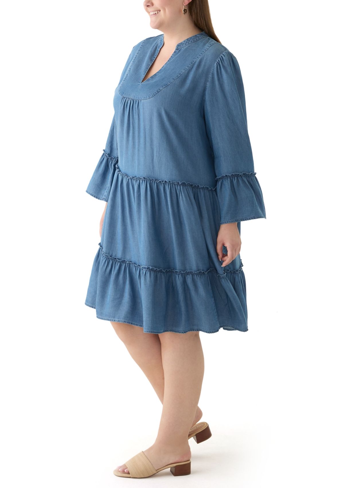 Plus Size 3/4 Sleeve Split Neck Tiered Ruffle Dress