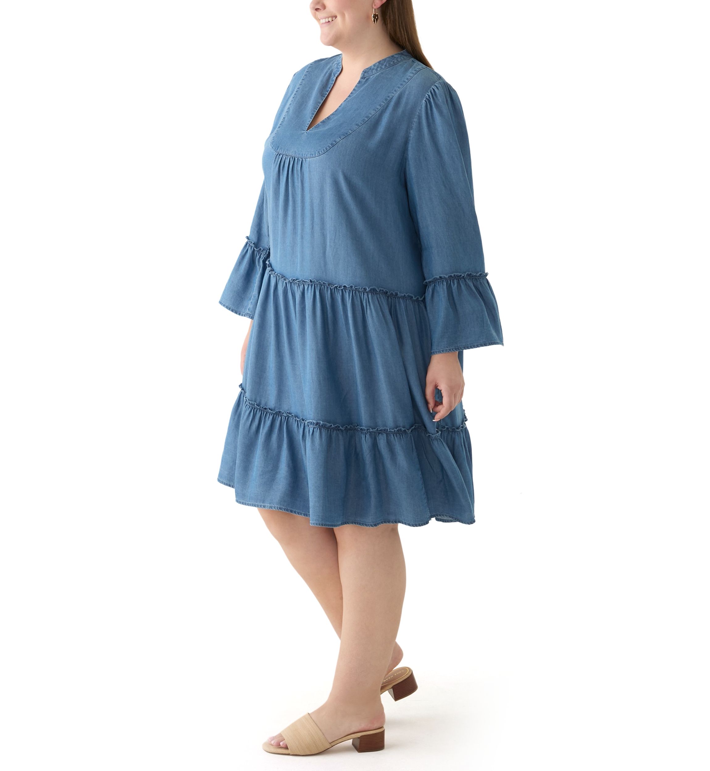 Plus Size 3/4 Sleeve Split Neck Tiered Ruffle Dress