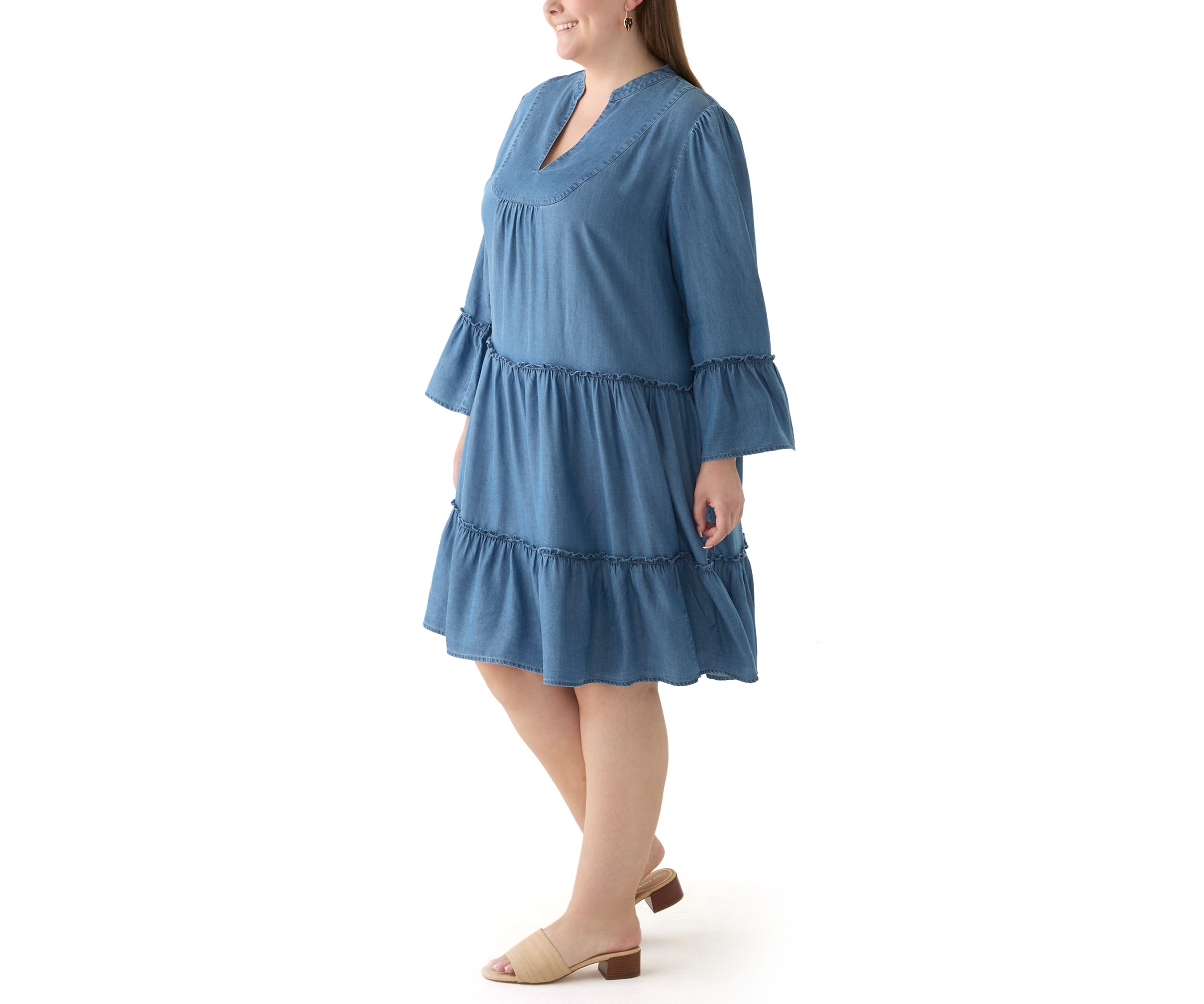 Plus Size 3/4 Sleeve Split Neck Tiered Ruffle Dress