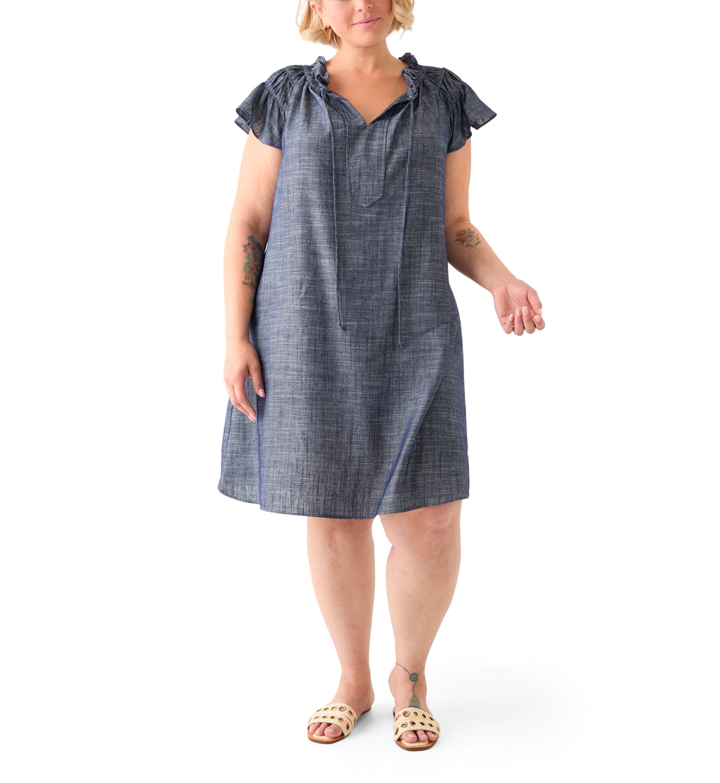 Plus Size Split Neck A-Line Denim Dress