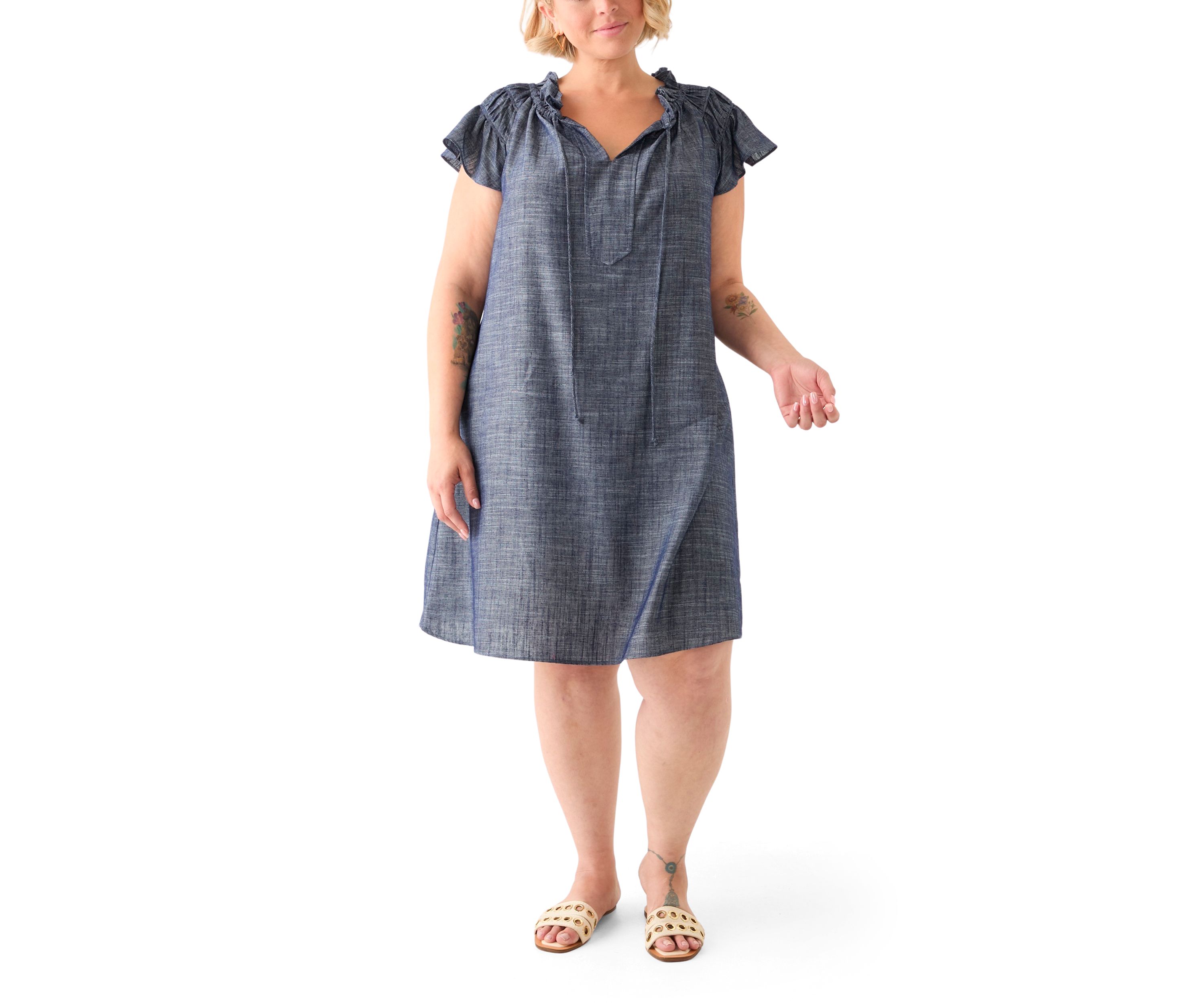Plus Size Split Neck A-Line Denim Dress