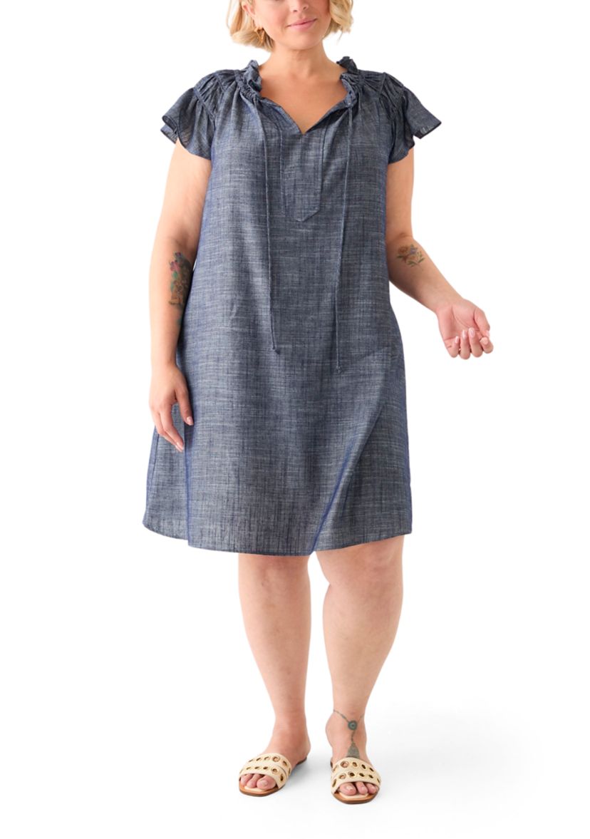 Plus Size Split Neck A-Line Denim Dress
