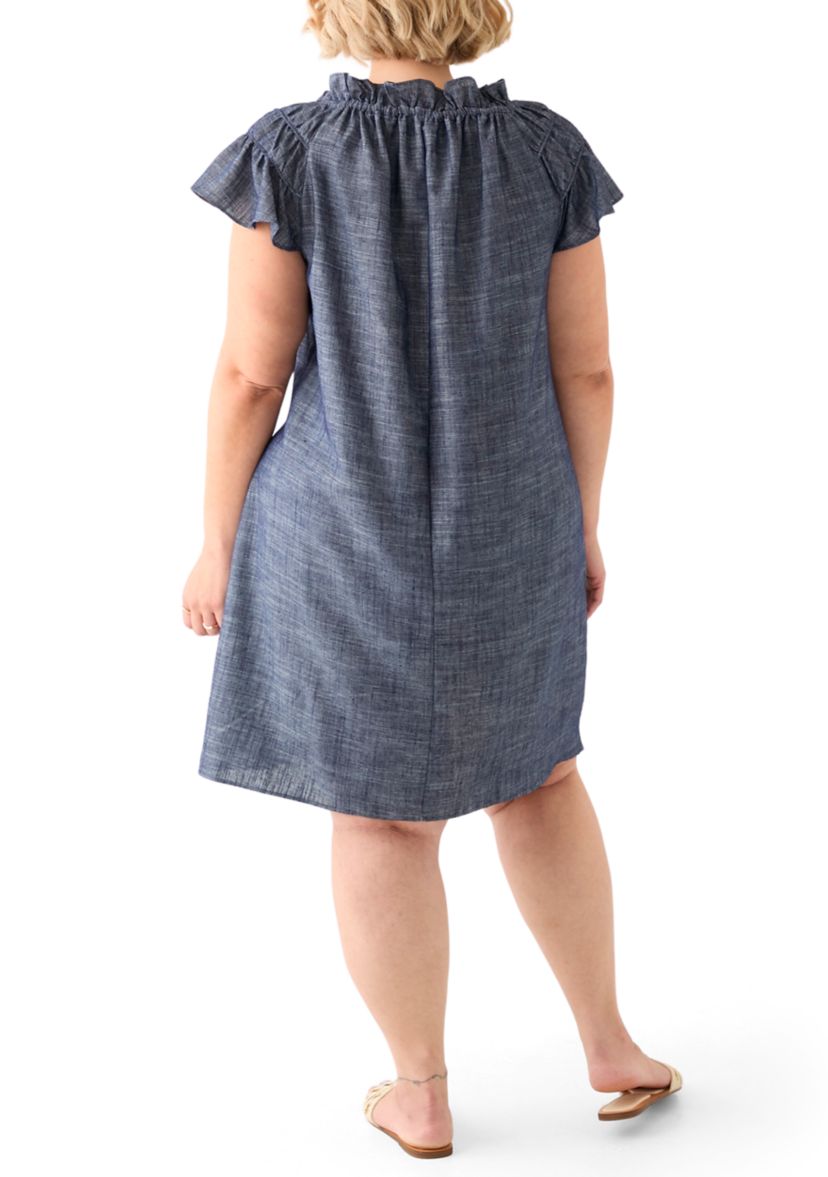 Plus Size Split Neck A-Line Denim Dress