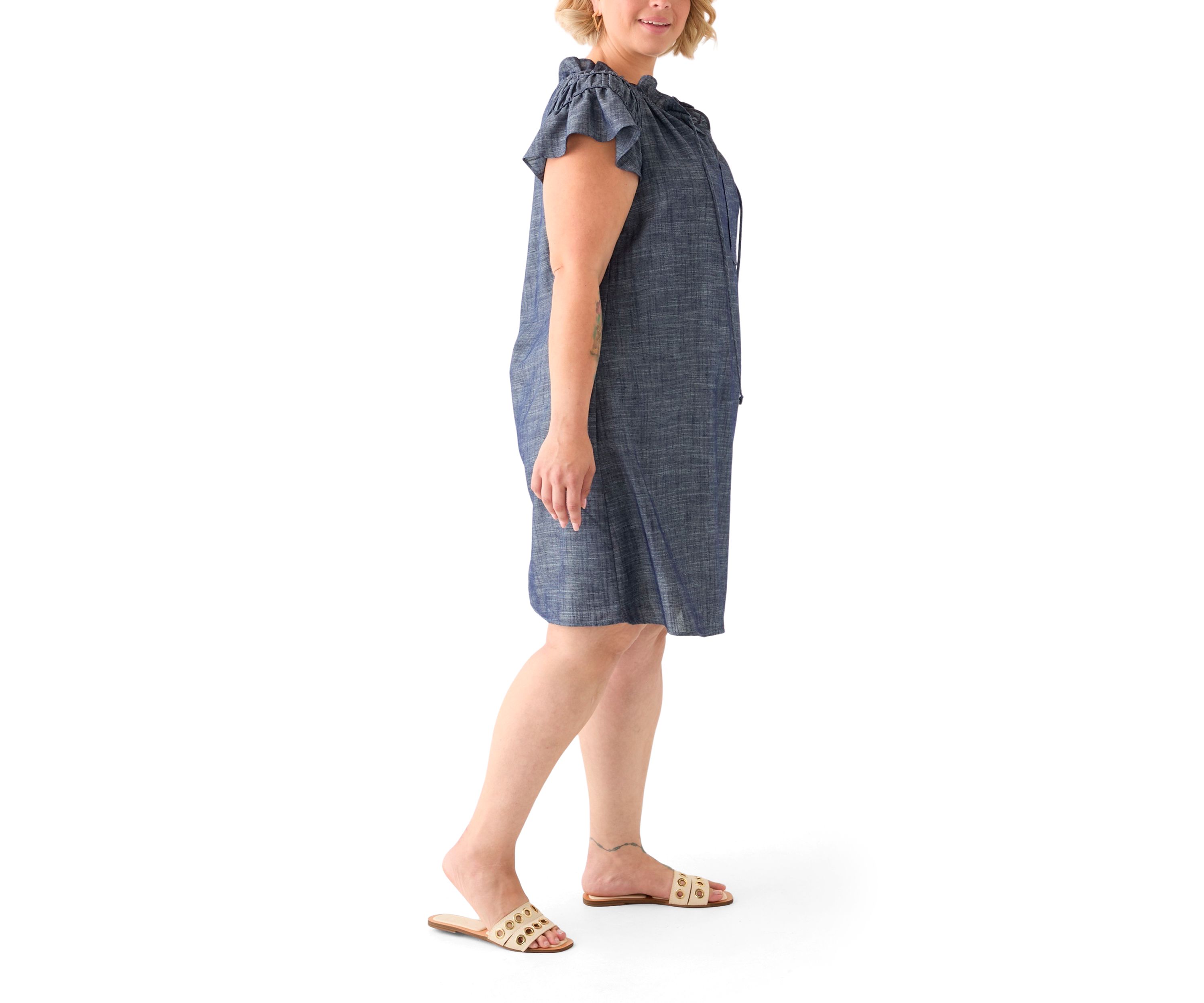 Plus Size Split Neck A-Line Denim Dress
