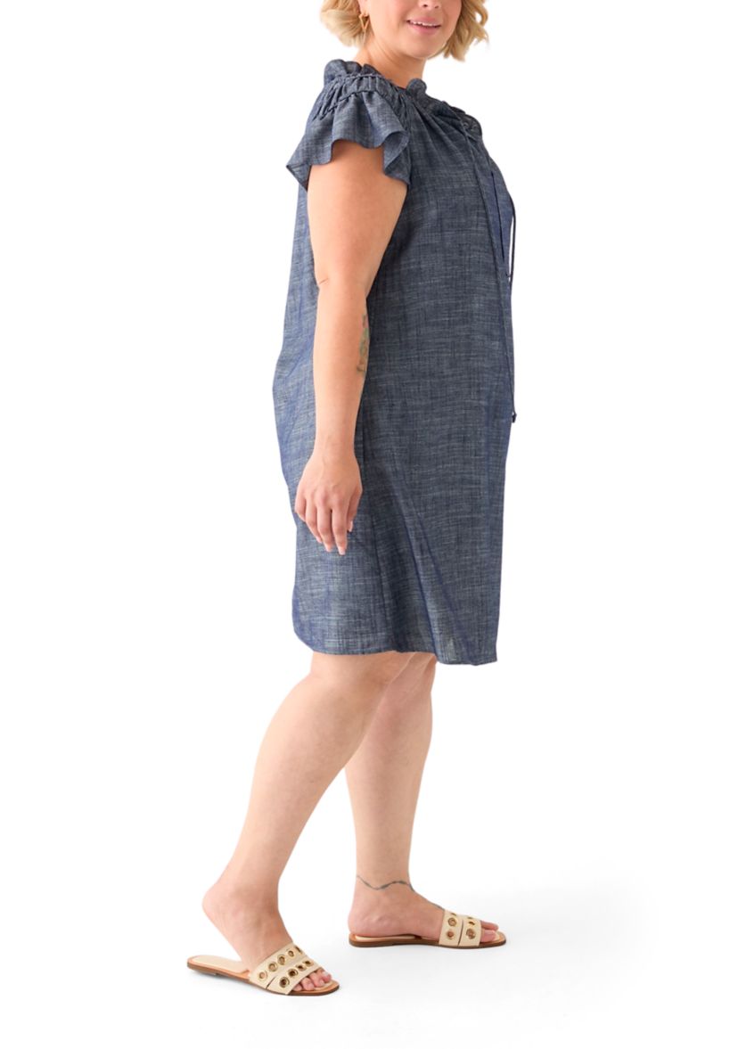 Plus Size Split Neck A-Line Denim Dress