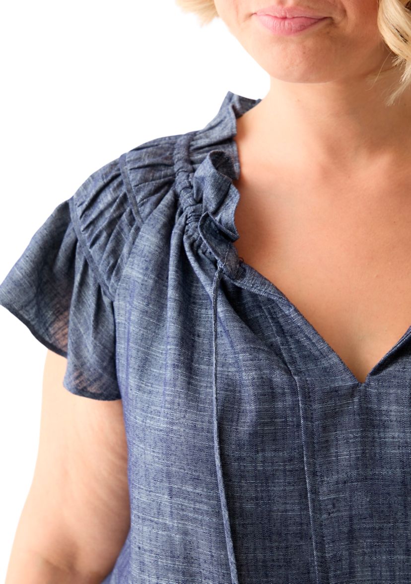Plus Size Split Neck A-Line Denim Dress