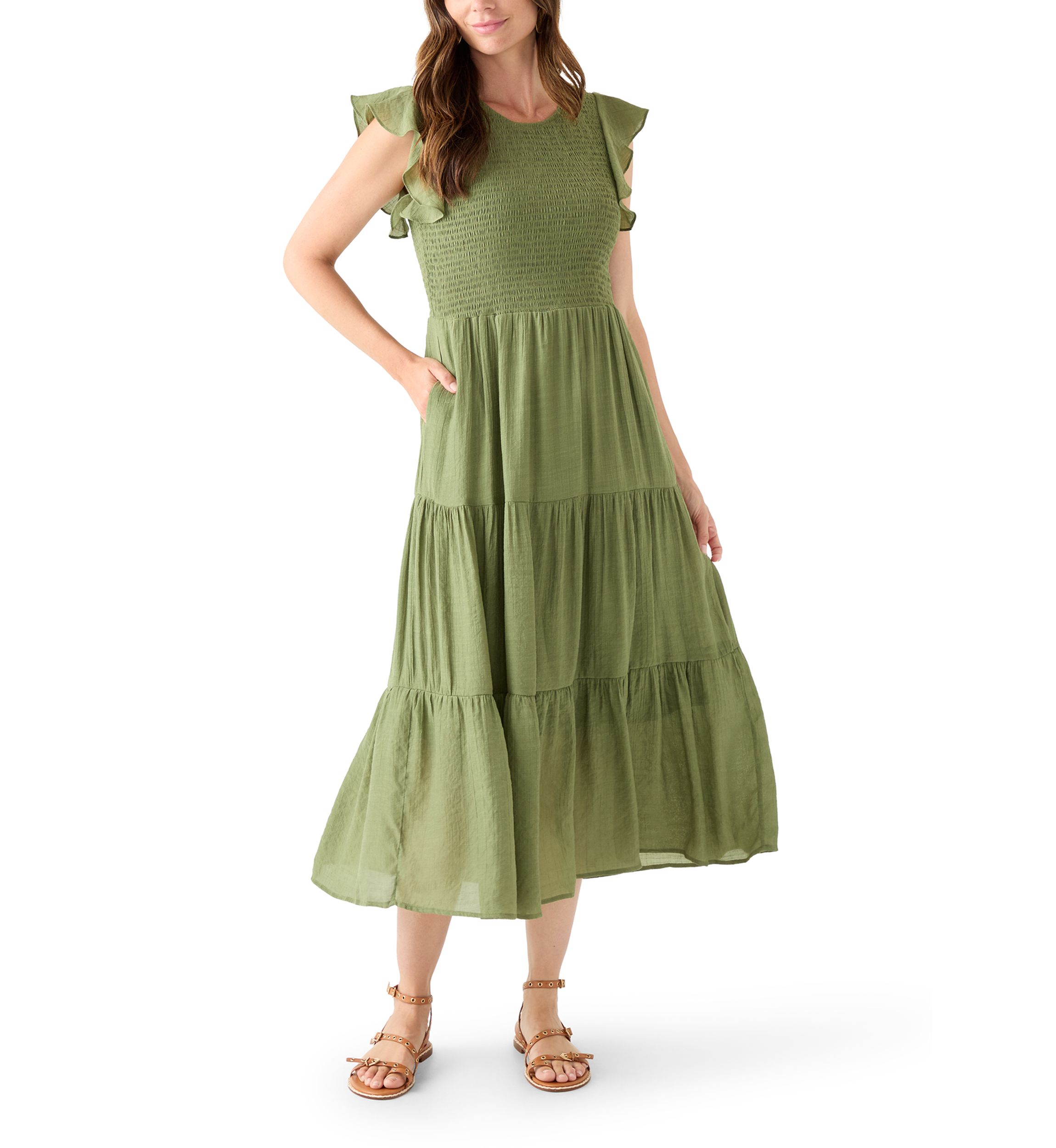 Womens Crew Neck Solid Gauze A-Line Dress