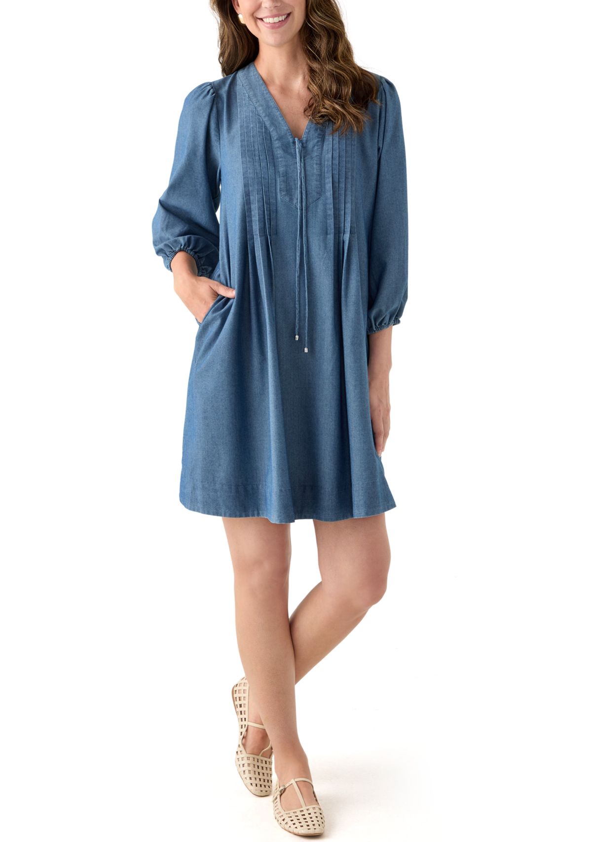 Womens 3/4 Sleeve Denim Mini Dress