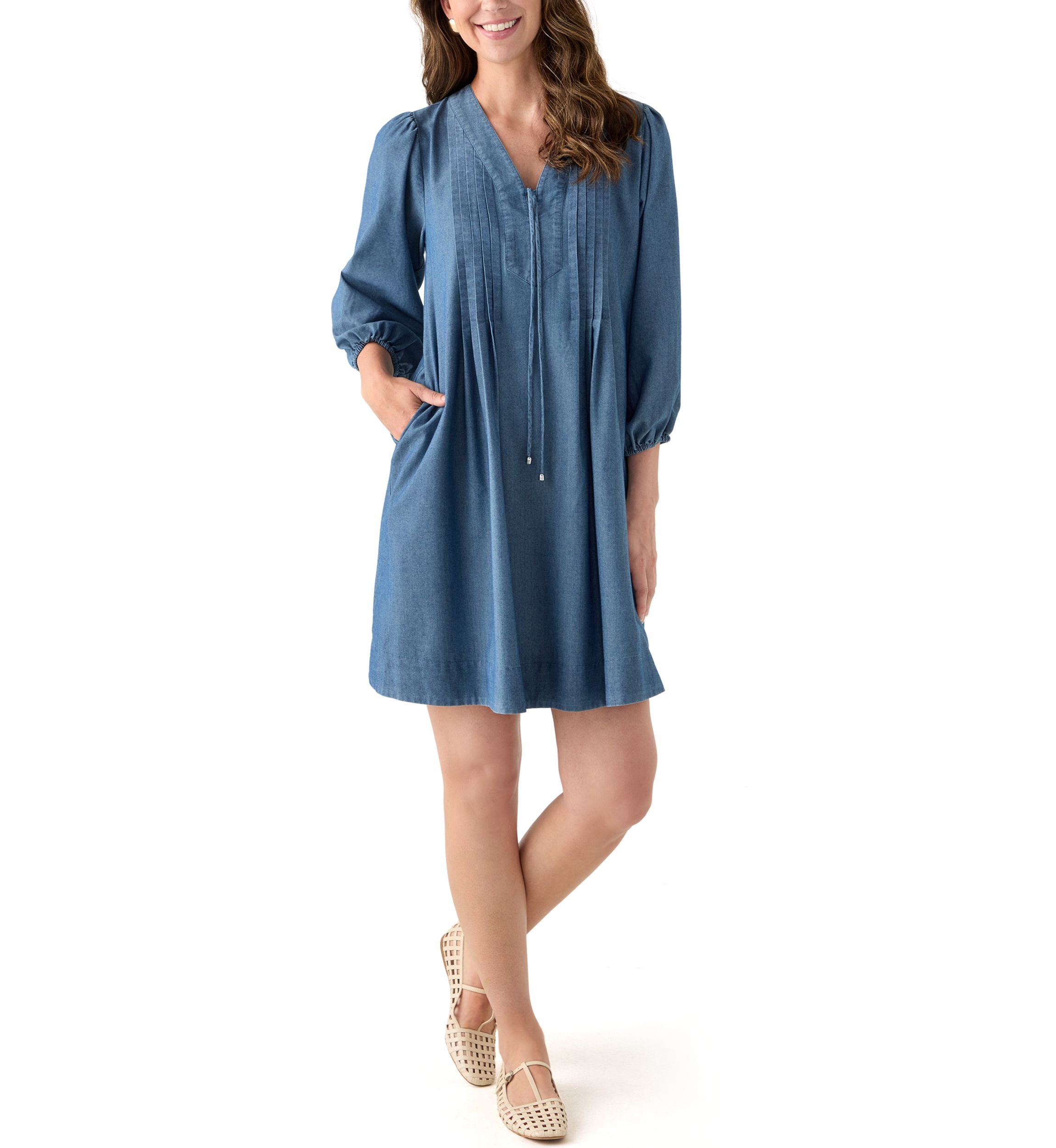 Womens 3/4 Sleeve Denim Mini Dress