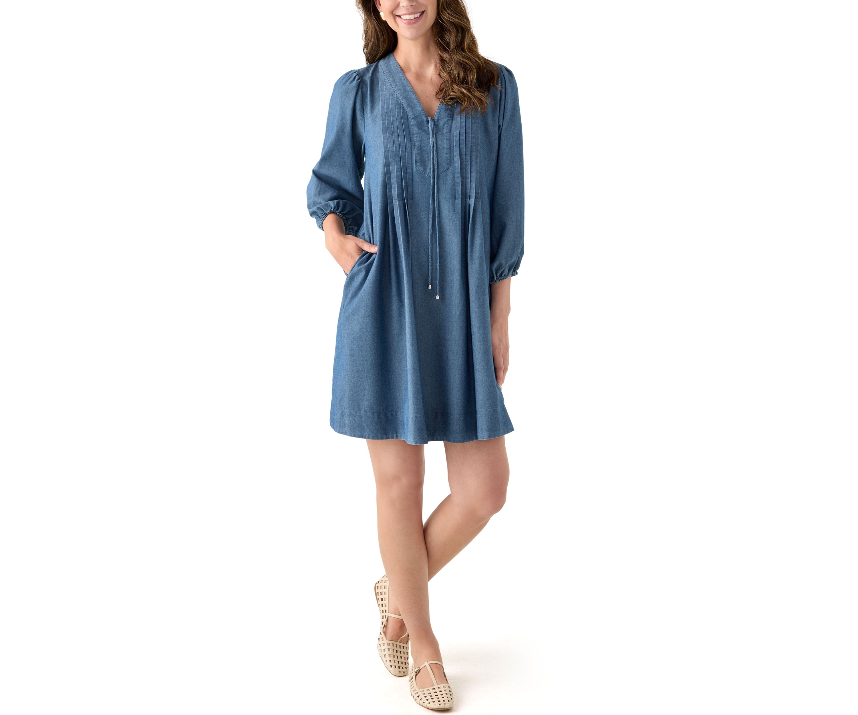 Womens 3/4 Sleeve Denim Mini Dress