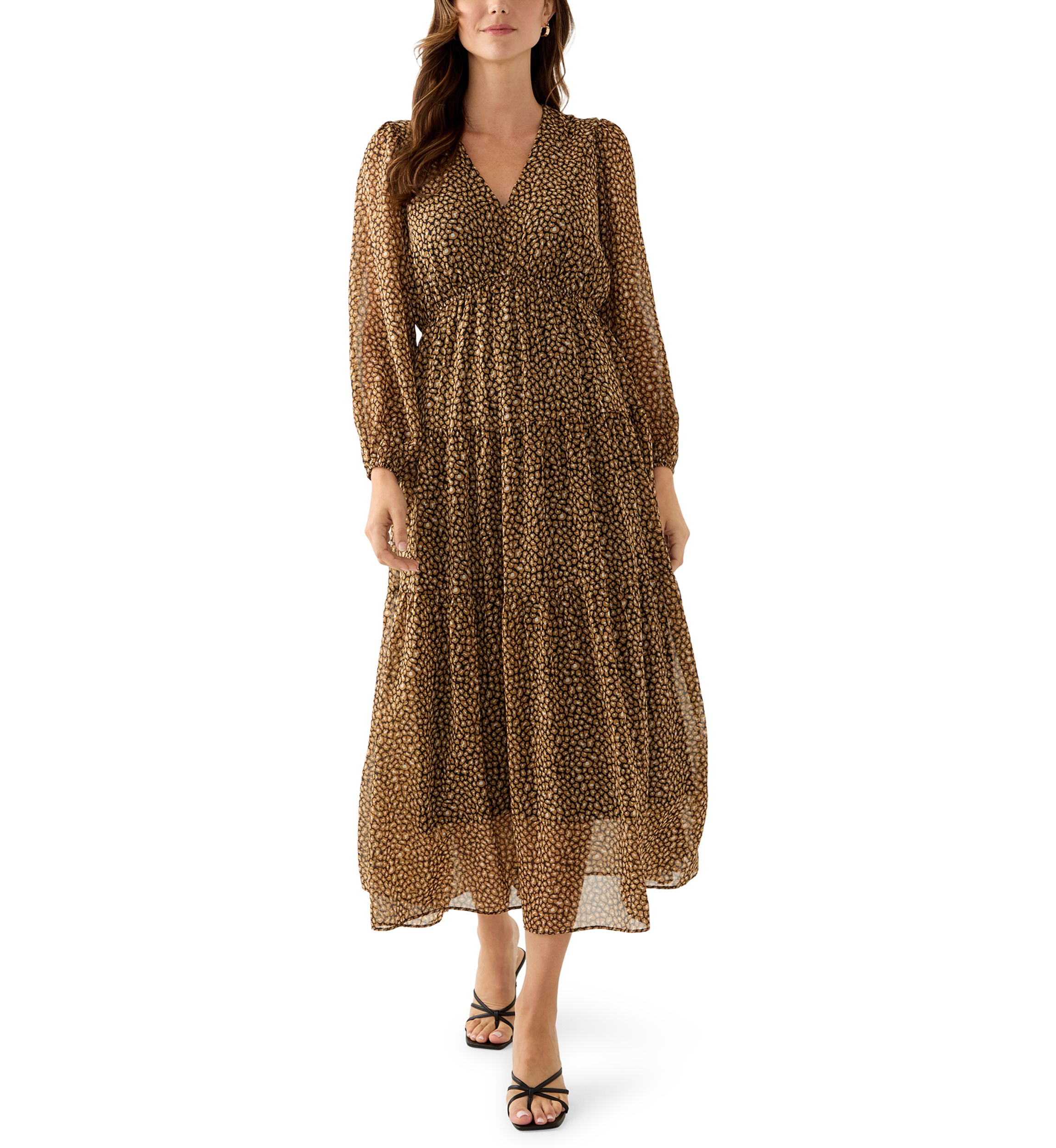 Womens V-Neck Animal Print Chiffon Maxi Dress
