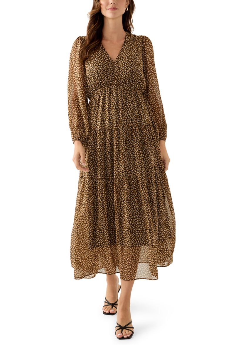 Womens V-Neck Animal Print Chiffon Maxi Dress