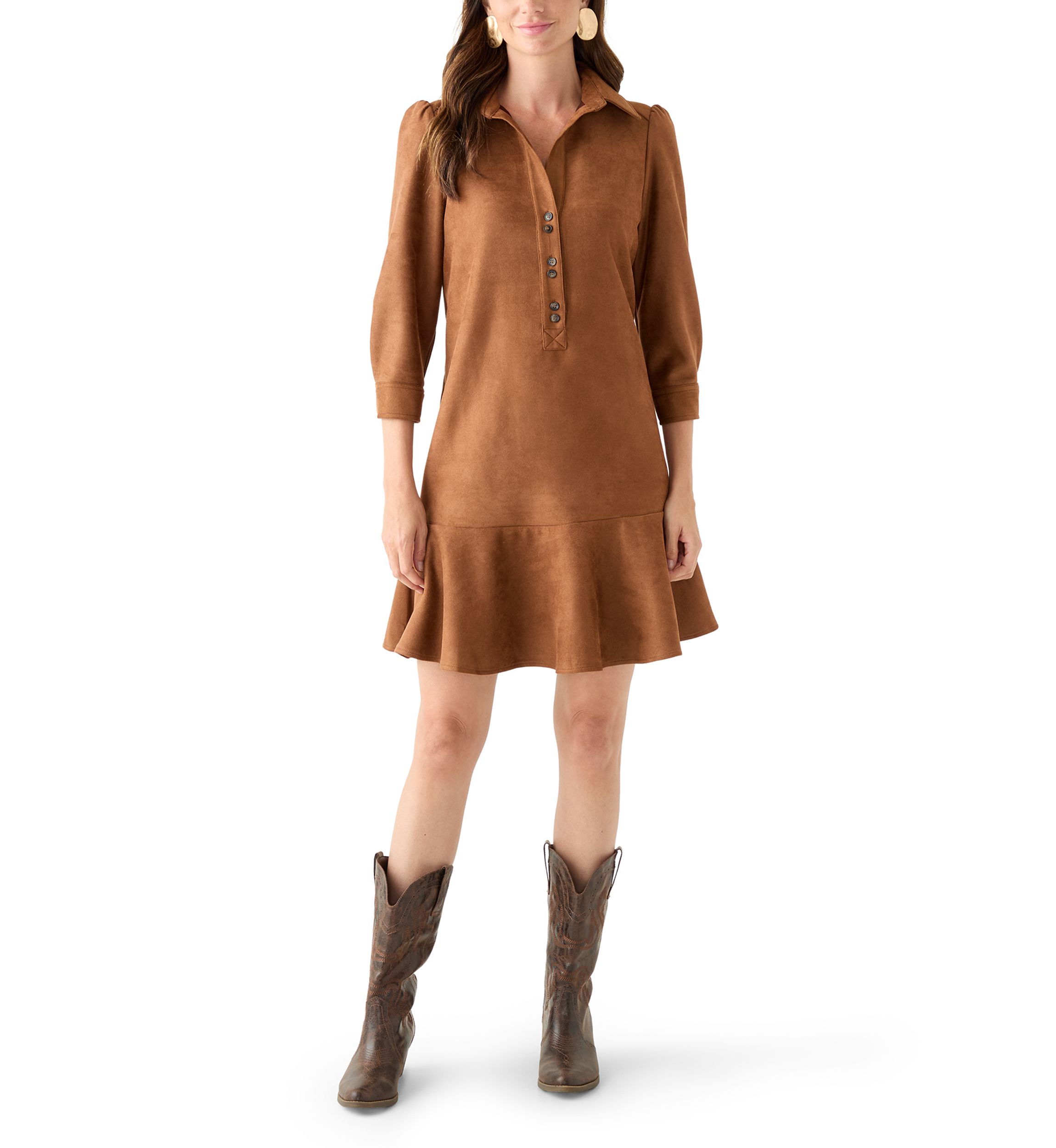 Womens 3/4 Sleeve Collar Neck Solid Suede A-Line Dress 