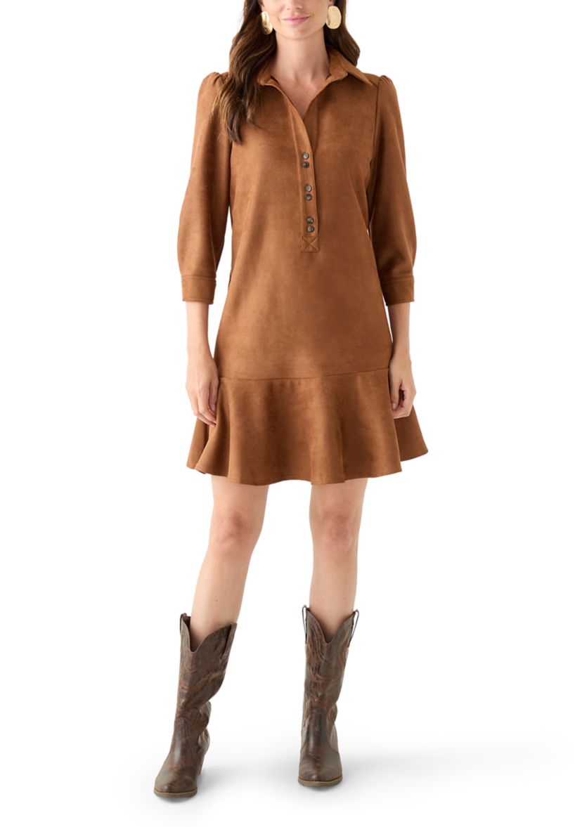 Womens 3/4 Sleeve Collar Neck Solid Suede A-Line Dress 