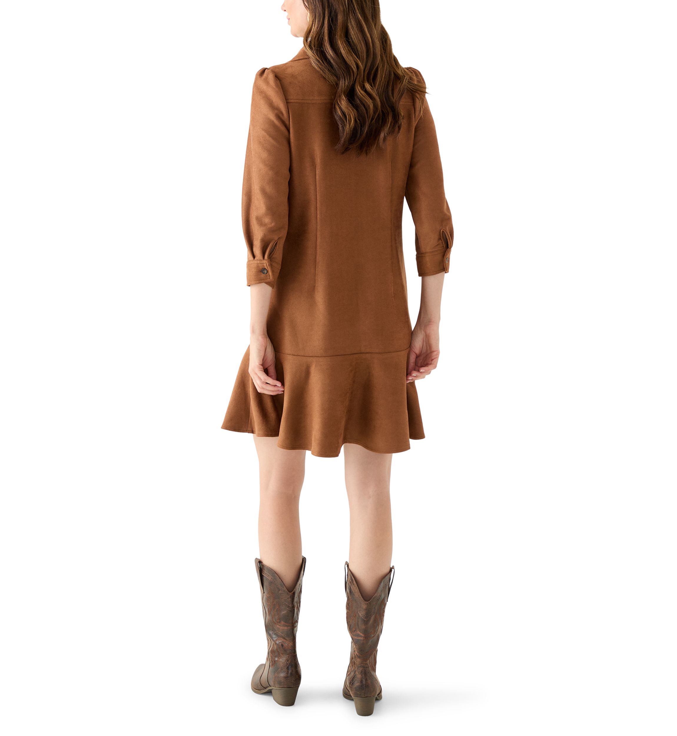 Womens 3/4 Sleeve Collar Neck Solid Suede A-Line Dress 
