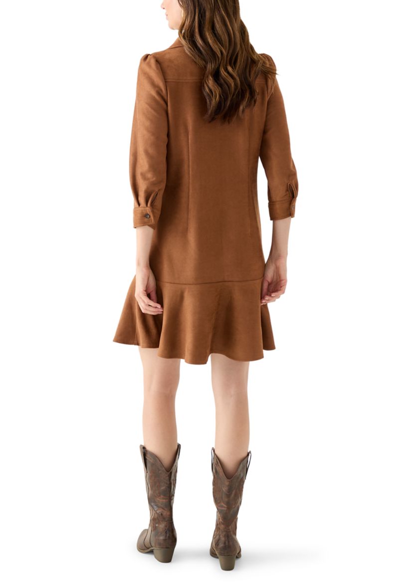 Womens 3/4 Sleeve Collar Neck Solid Suede A-Line Dress 
