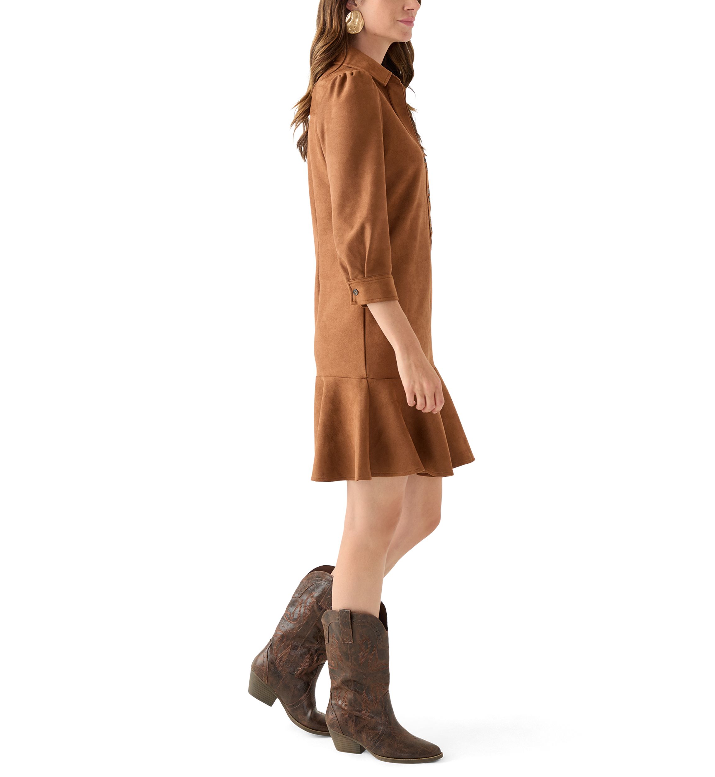 Womens 3/4 Sleeve Collar Neck Solid Suede A-Line Dress 