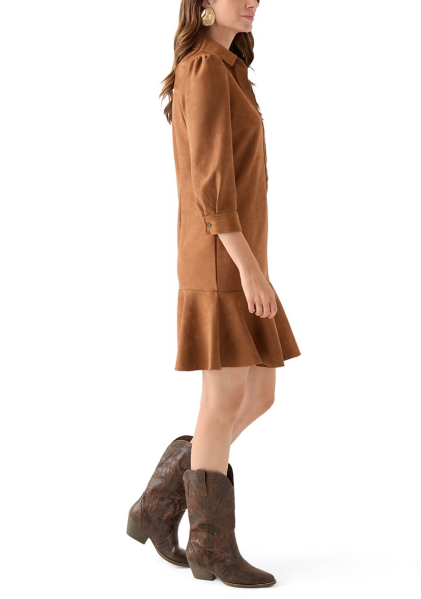 Womens 3/4 Sleeve Collar Neck Solid Suede A-Line Dress 