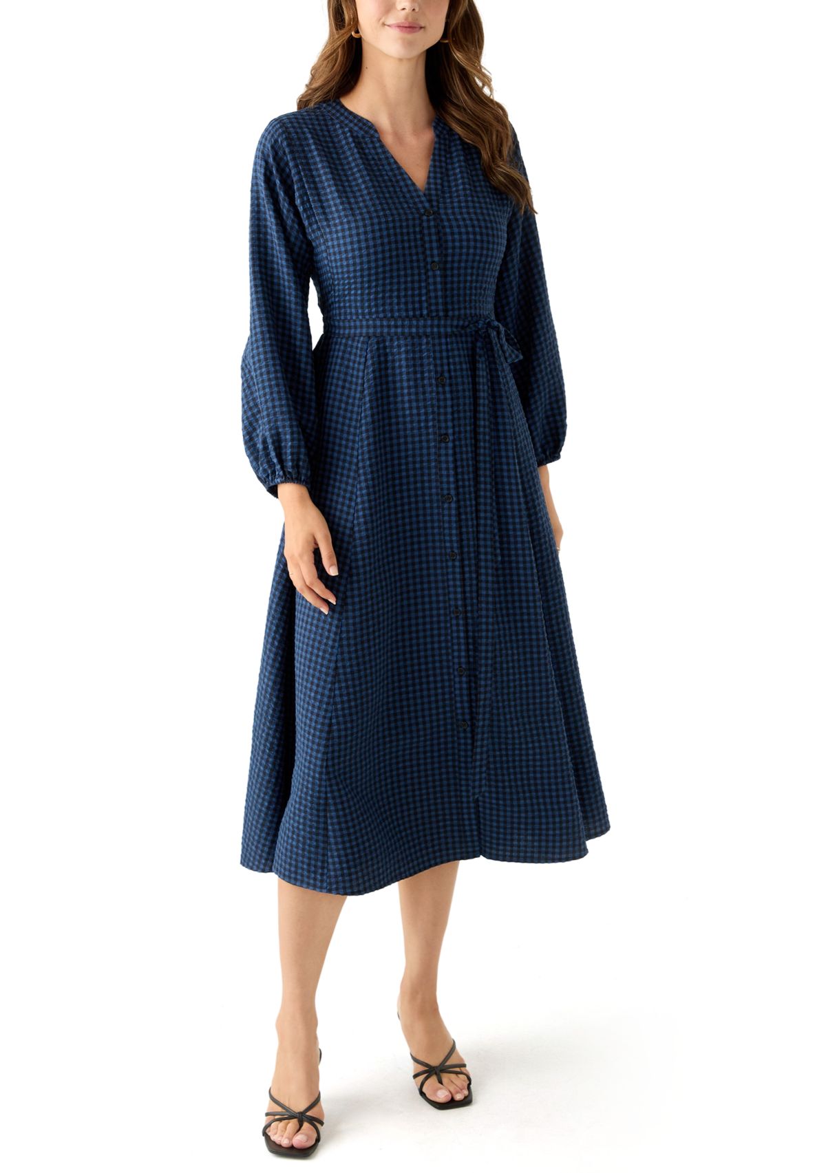 Womens Gingham Belted Shirt Dress