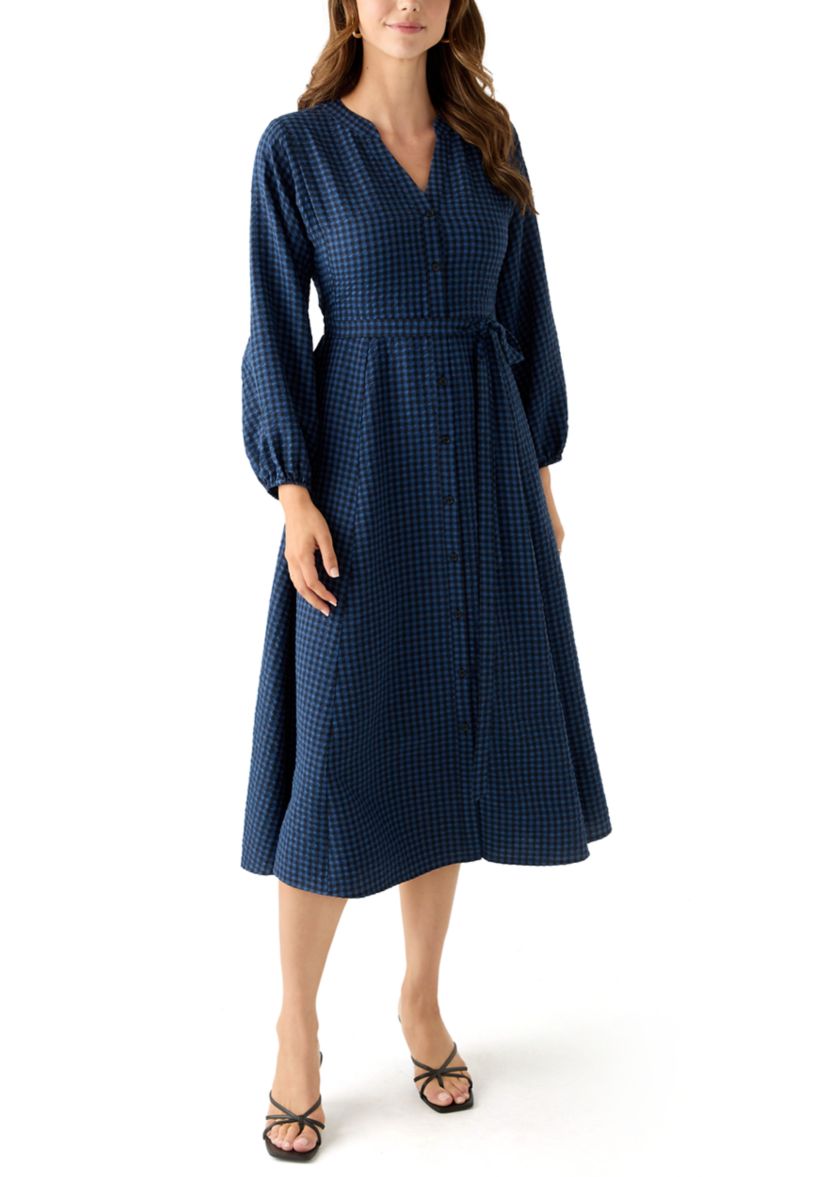 Womens Gingham Belted Shirt Dress